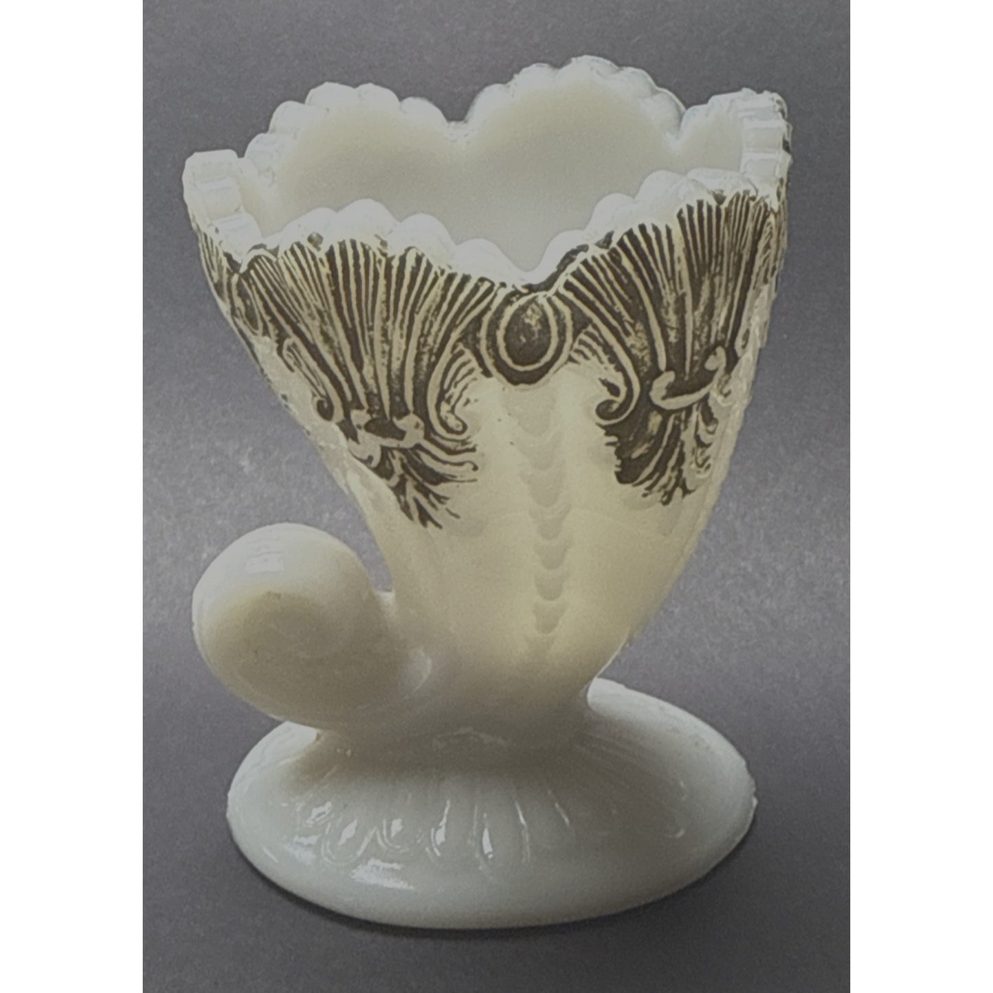 Antique EAPG Milk Glass Cornucopia Toothpick Match Holder Ornate