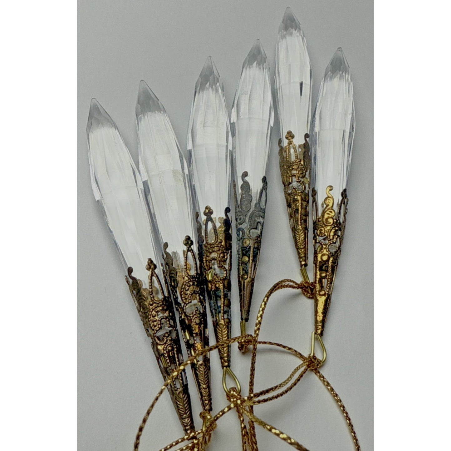 Vtg Lot of 6 Teardrop Faceted Acrylic Gold Embellished Hanging Ornaments As Is
