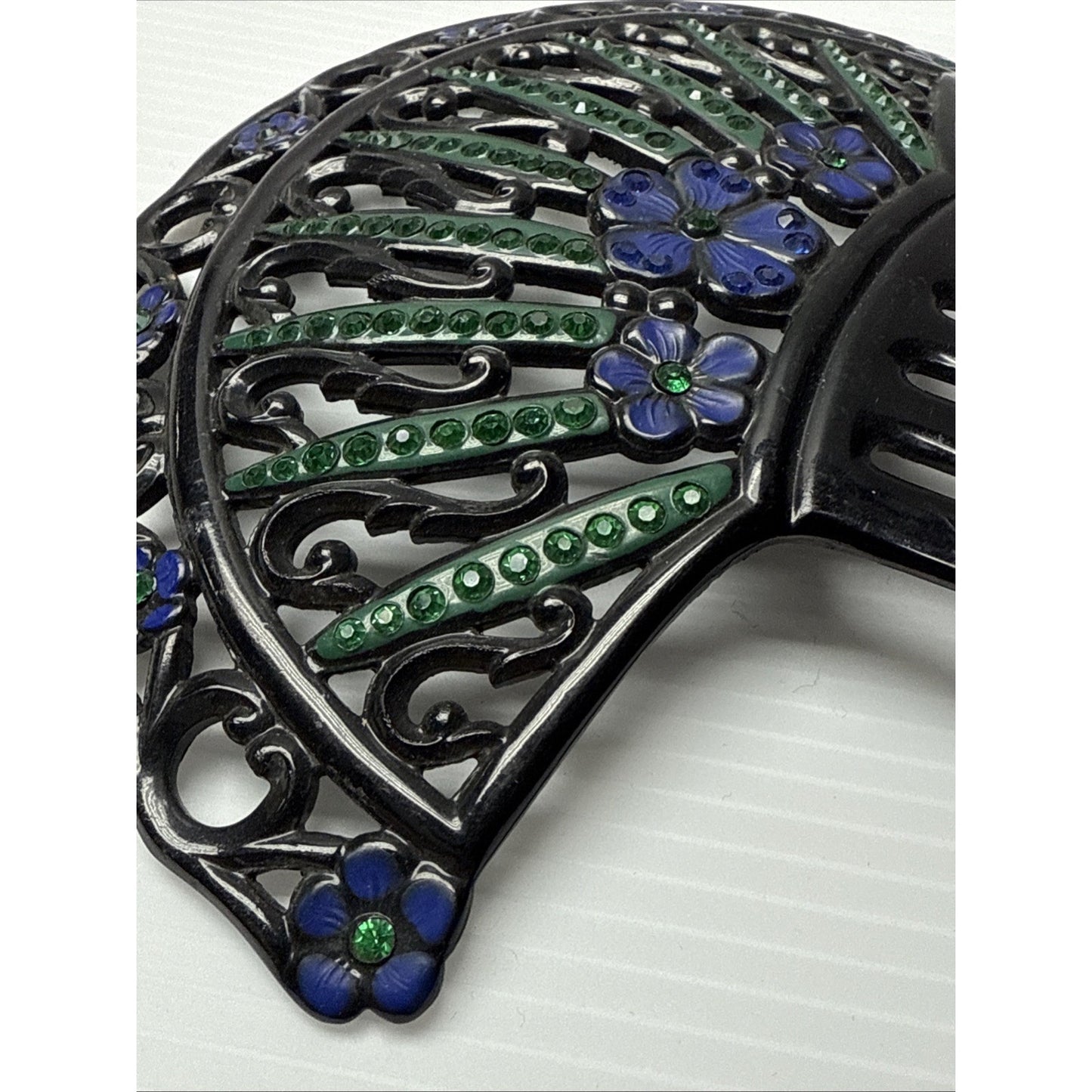 Art Deco Large Fan Shape Hair Comb Black Celluloid Rhinestone Flower Blue Green