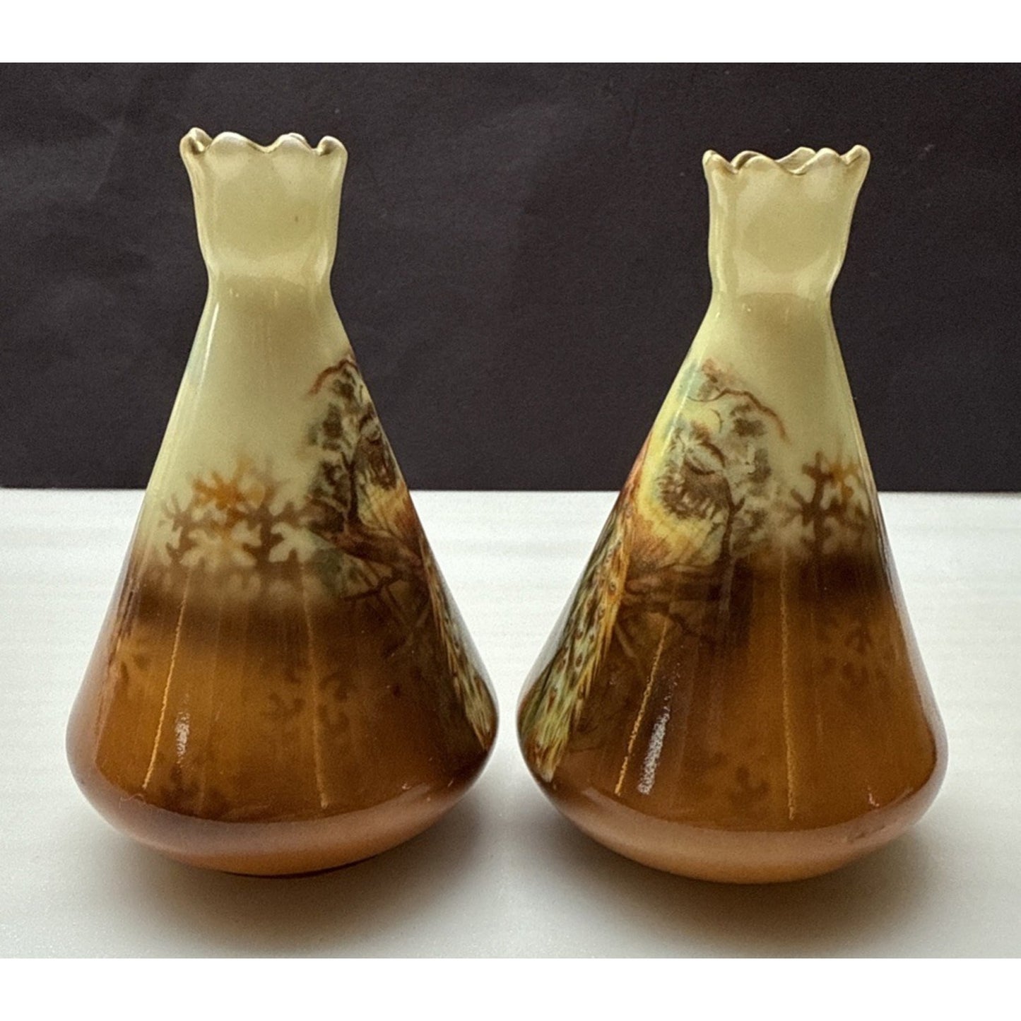 Antique Lot Of 3 Royal Bayreuth Hand Painted Peacock Vases Perfume Bottle As Is