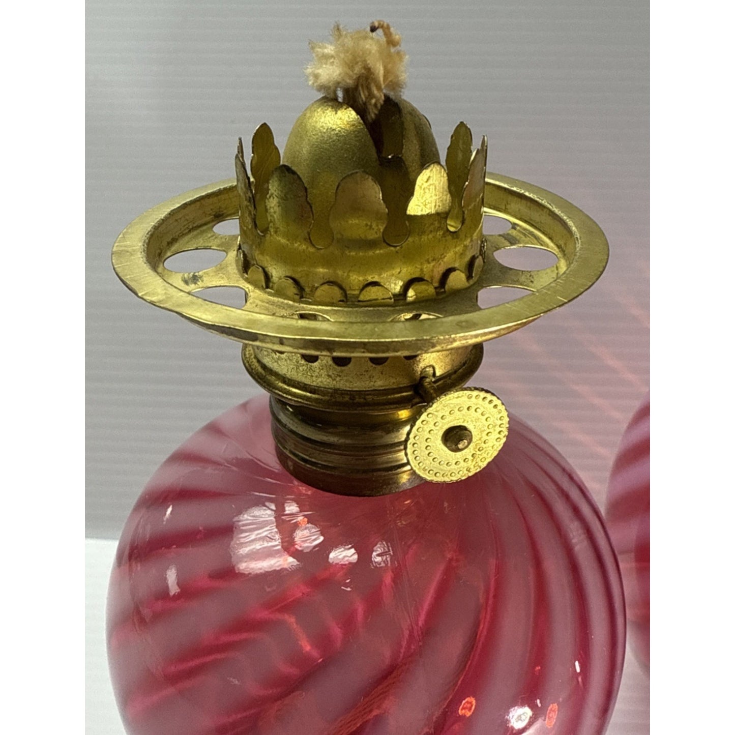 Antique Cranberry Swirl Opalescent Miniature Oil Lamp Red Hurricane Scarce As-Is