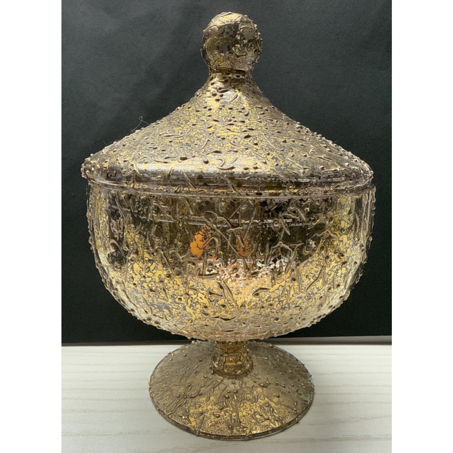 MCM West Virginia Glass Golden Brocade Splatter Candy Jar Circus Tent Apothecary