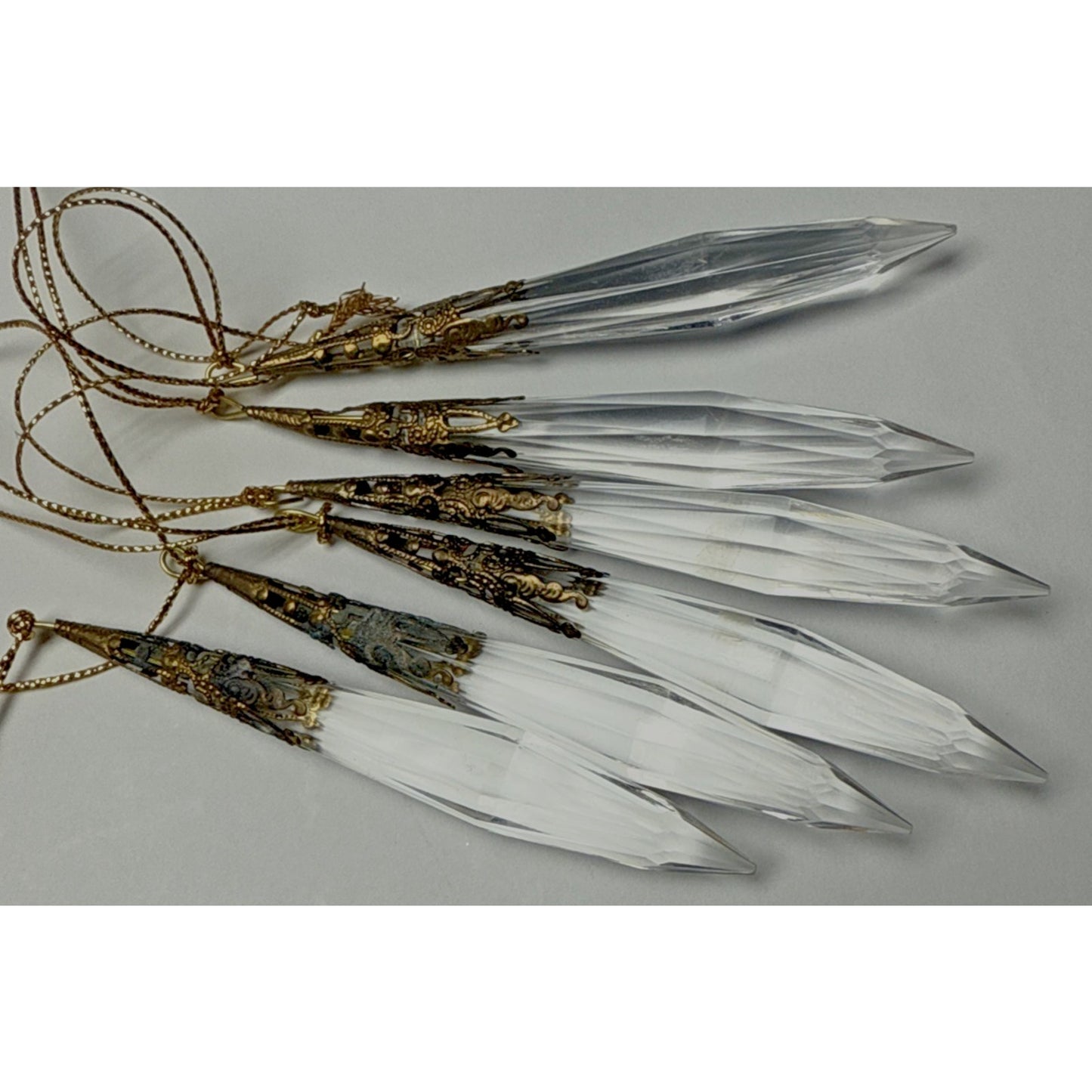 Vtg Lot of 6 Teardrop Faceted Acrylic Gold Embellished Hanging Ornaments As Is