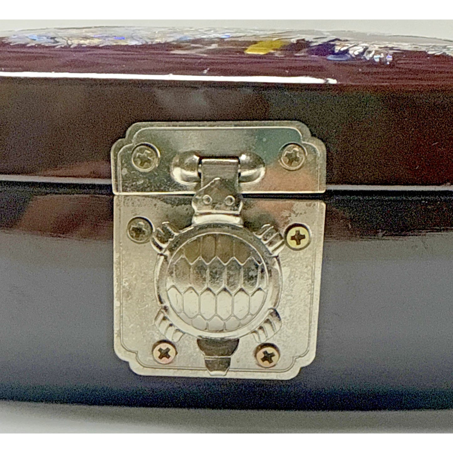 Vtg Lacquer Mother Of Pearl Inlay Turtle Latch Peacock Jewelry Ring Box Mirror