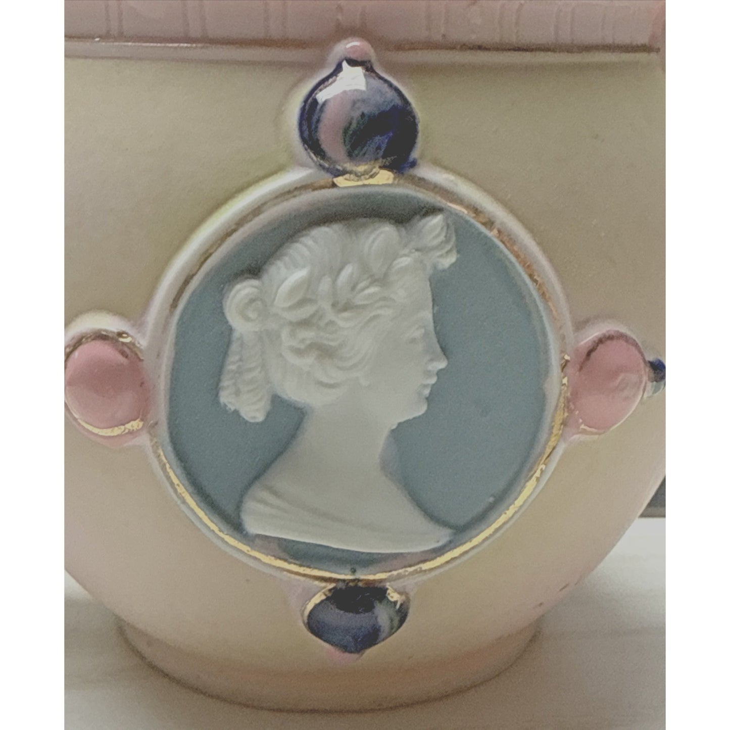 Antique Schafer Vater Bisque Porcelain Pink Jeweled Cameo Pitcher Creamer As Is