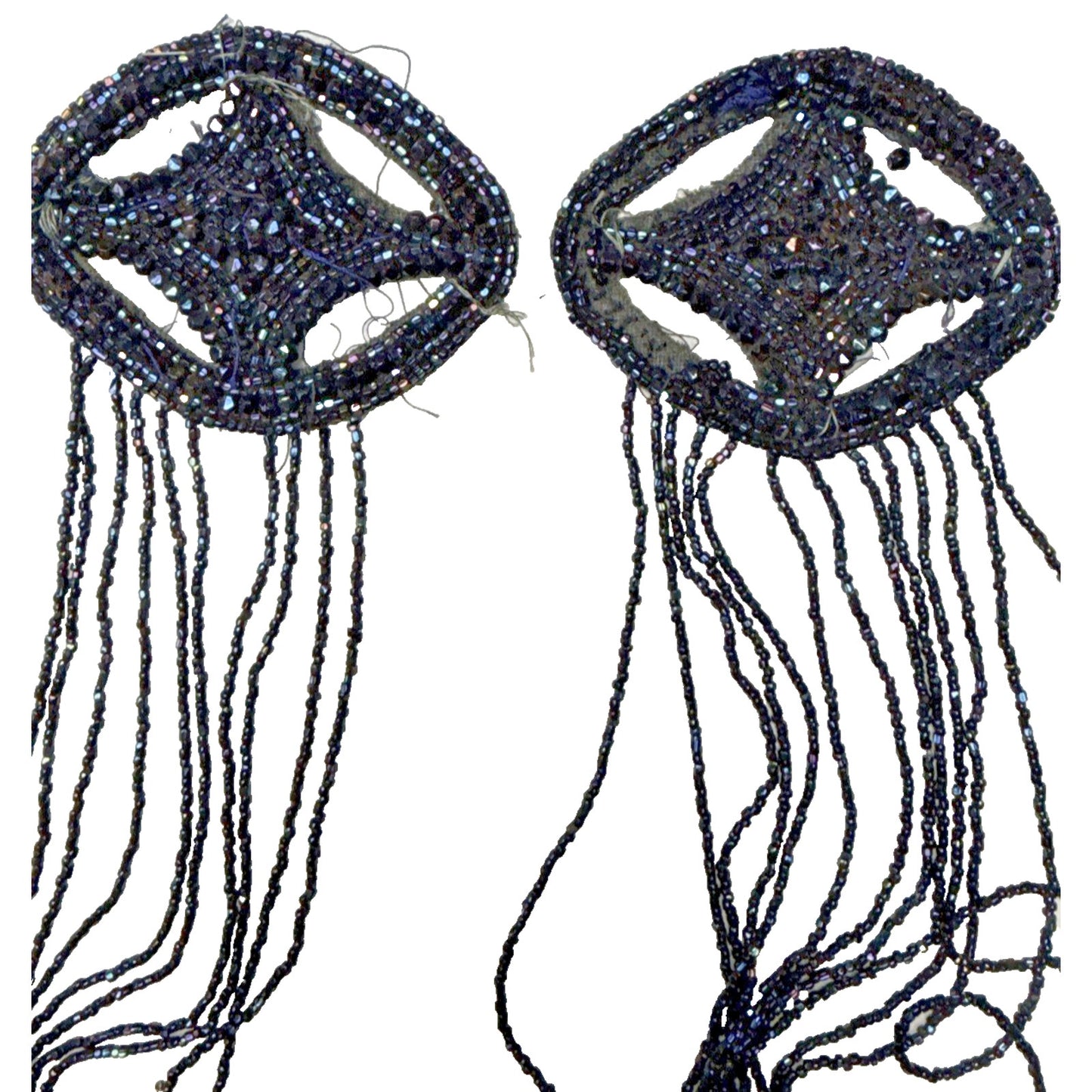Antique Lot of 2 Black Victorian Mourning Applique Beaded Iridescent Long As Is