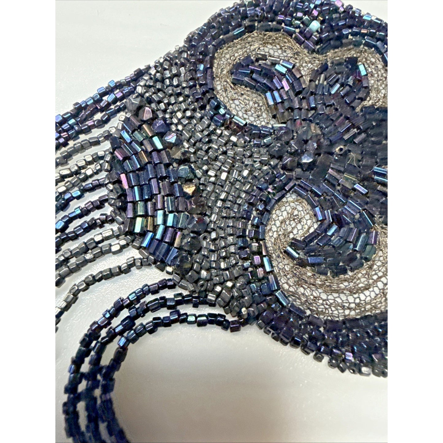 Antique Victorian Black Mourning Applique Beaded Iridescent Long As Is