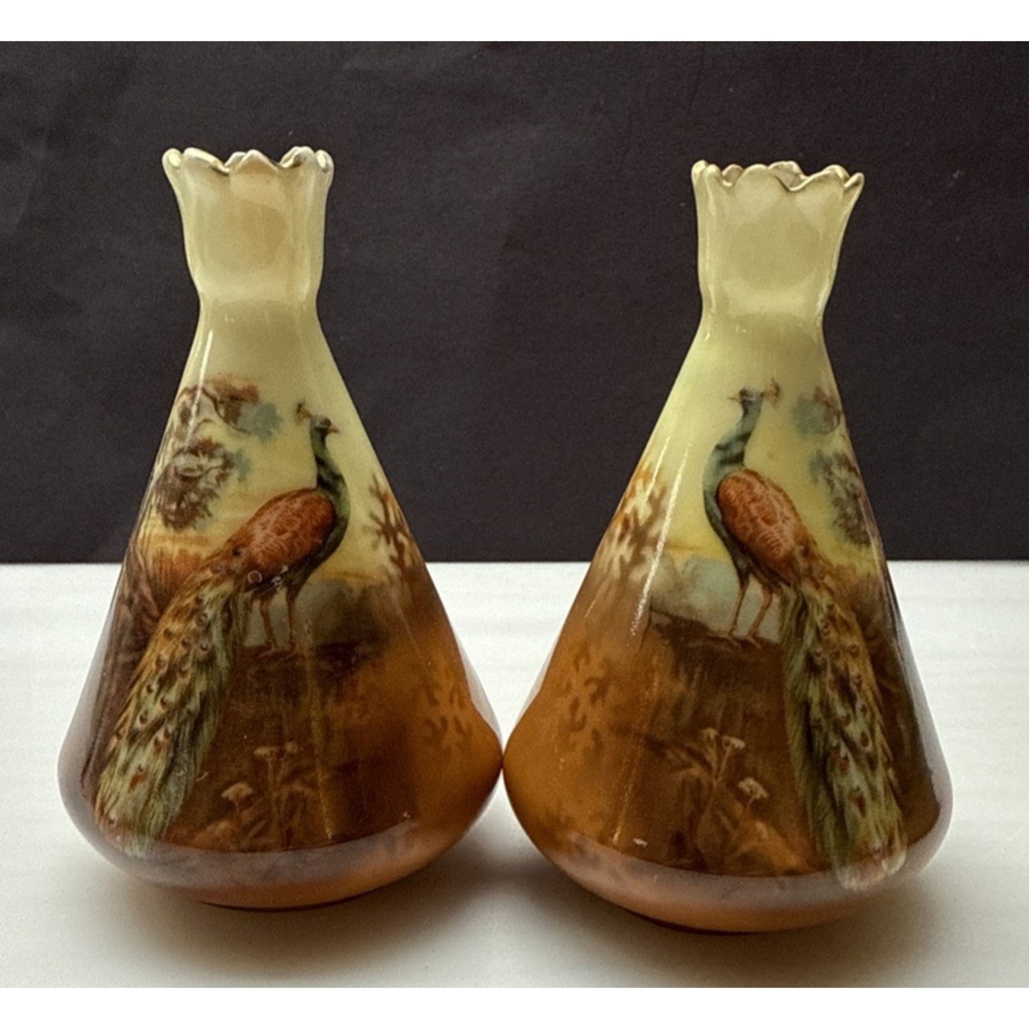 Antique Lot Of 3 Royal Bayreuth Hand Painted Peacock Vases Perfume Bottle As Is