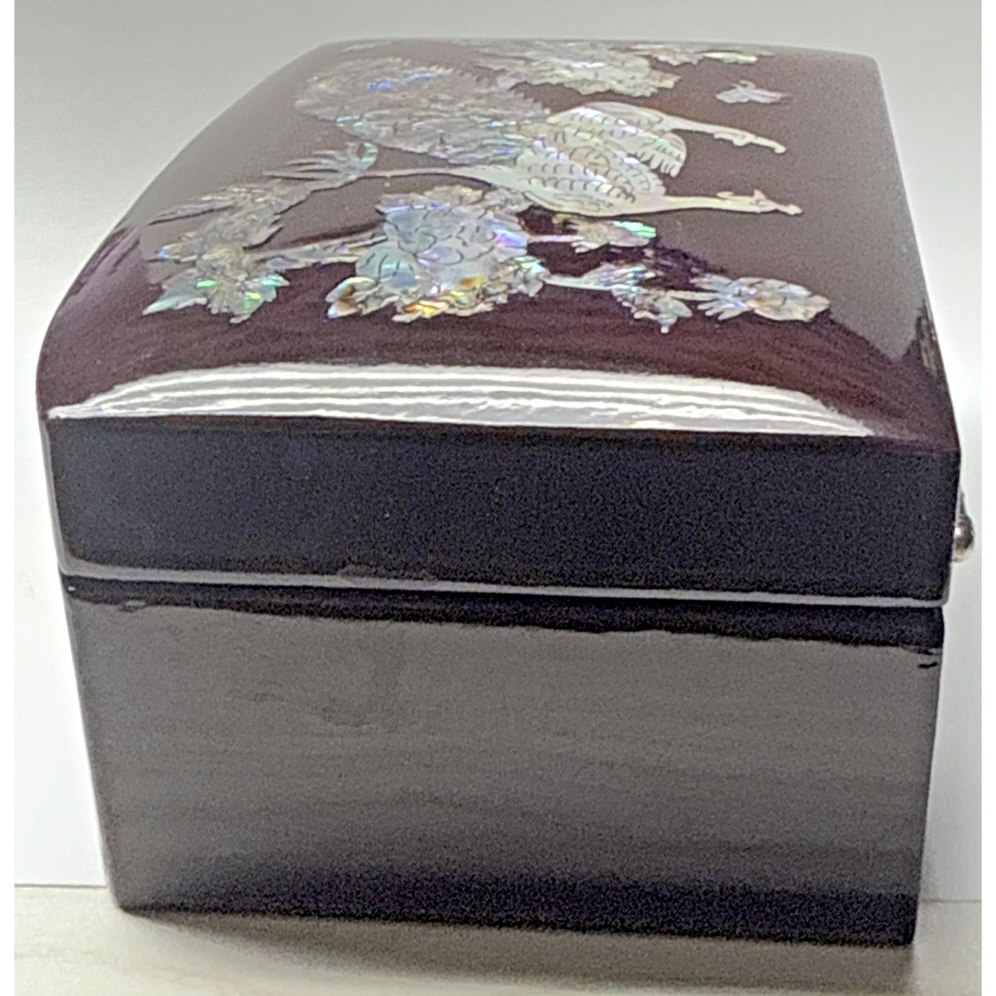 Vtg Lacquer Mother Of Pearl Inlay Turtle Latch Peacock Jewelry Ring Box Mirror