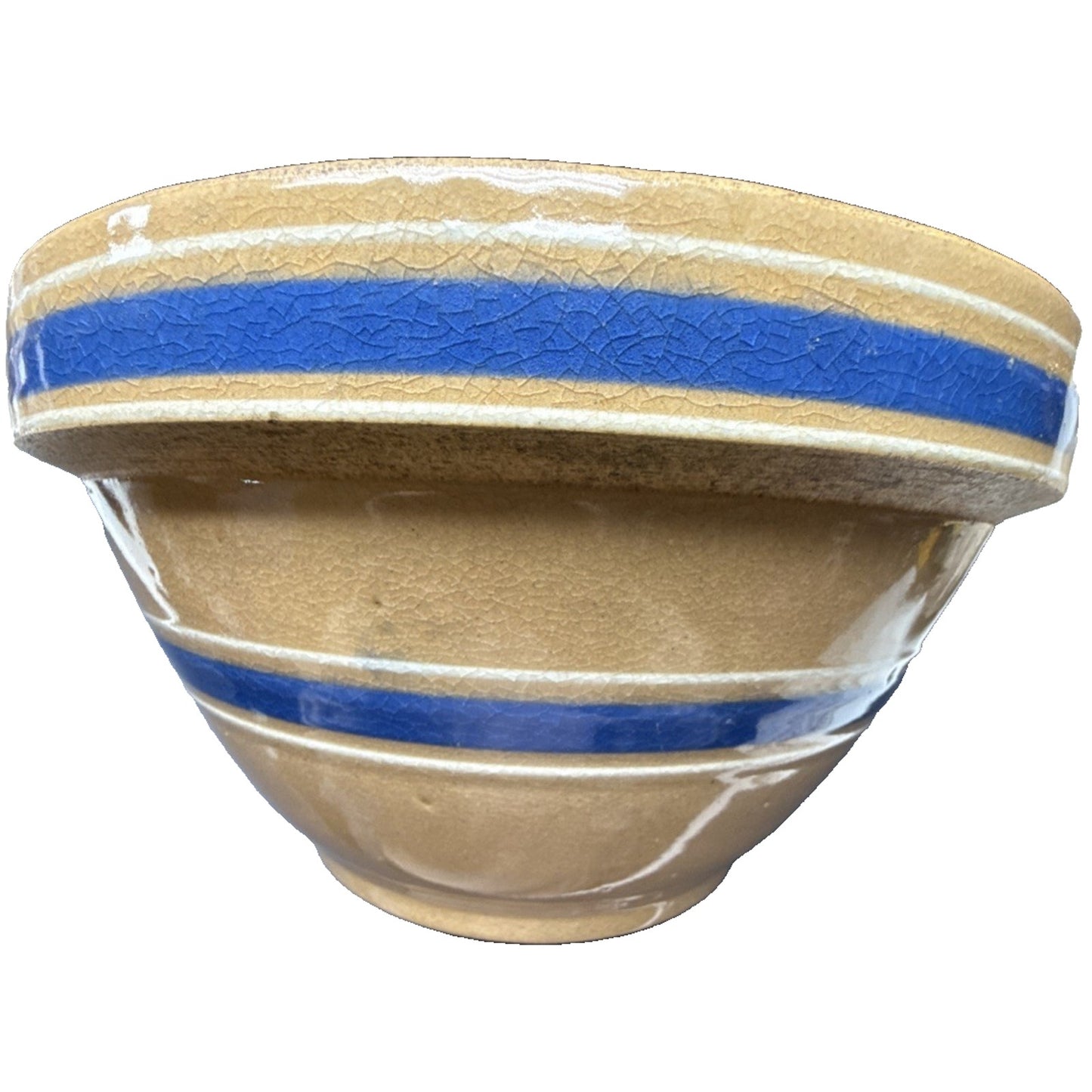 Antique Farmhouse 10.5” Yellowware Pottery Mixing Bowl 6 Stripe Blue White As-Is