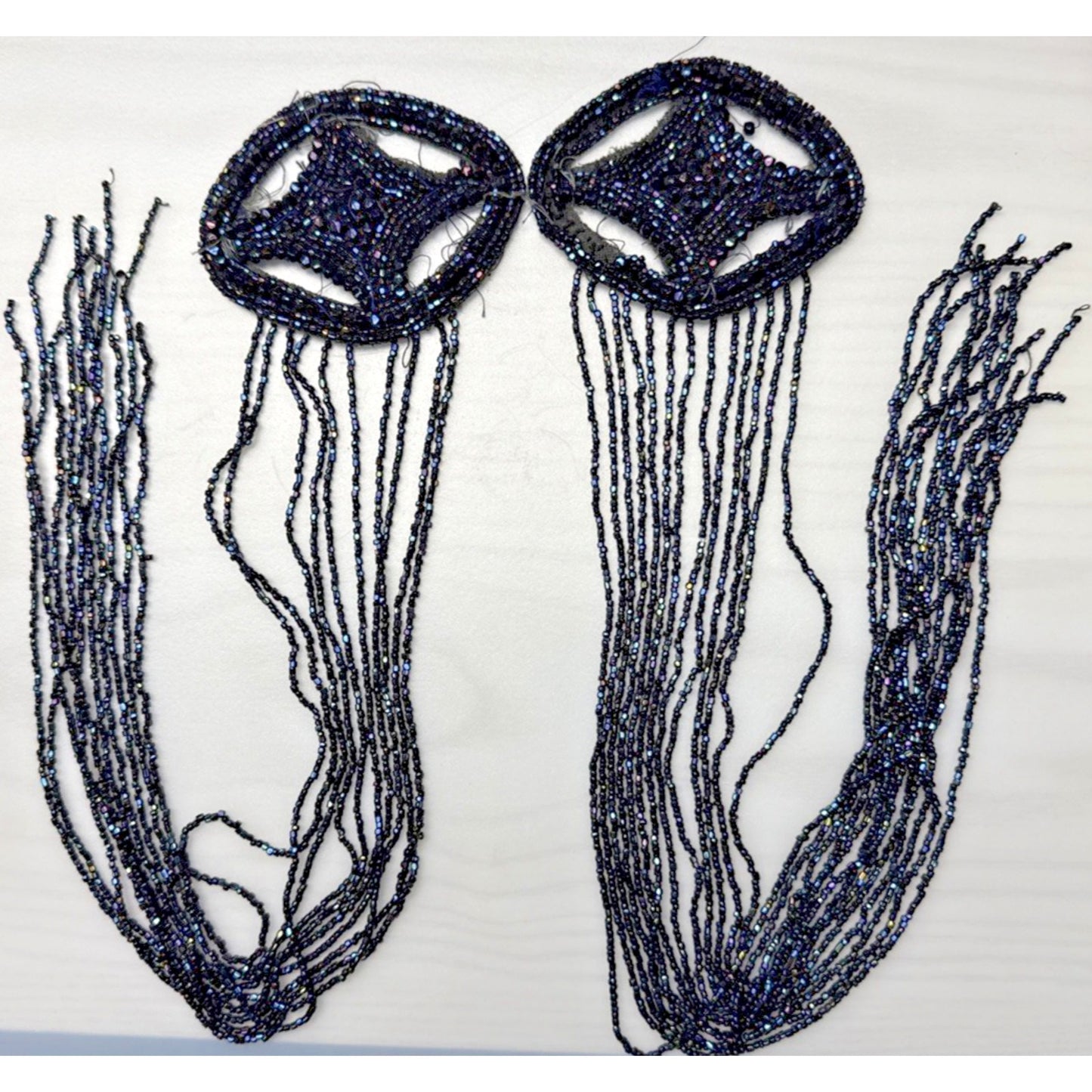 Antique Lot of 2 Black Victorian Mourning Applique Beaded Iridescent Long As Is