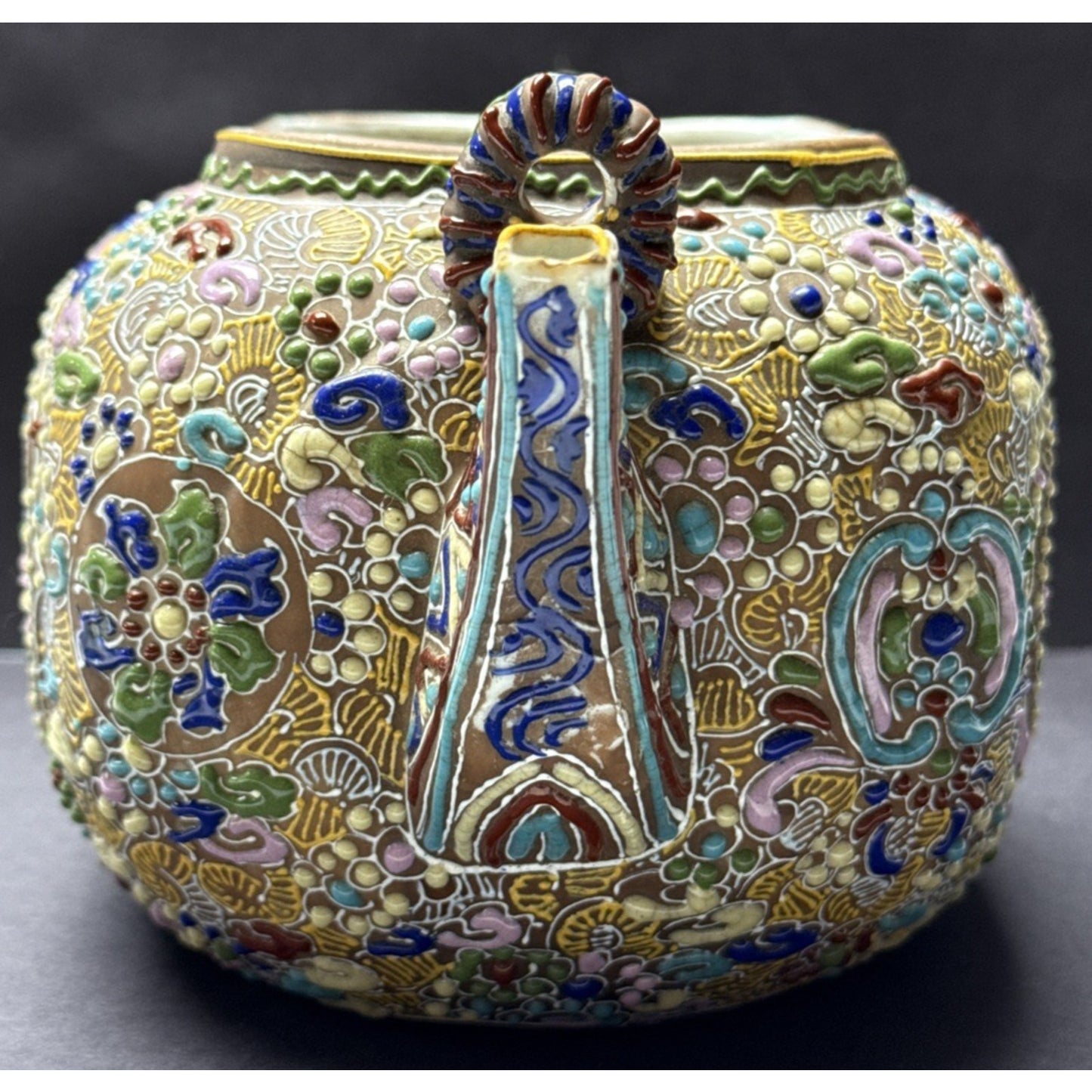 Antique Japanese Satsuma Teapot Beaded Moriage Ornate As-Is No Lid