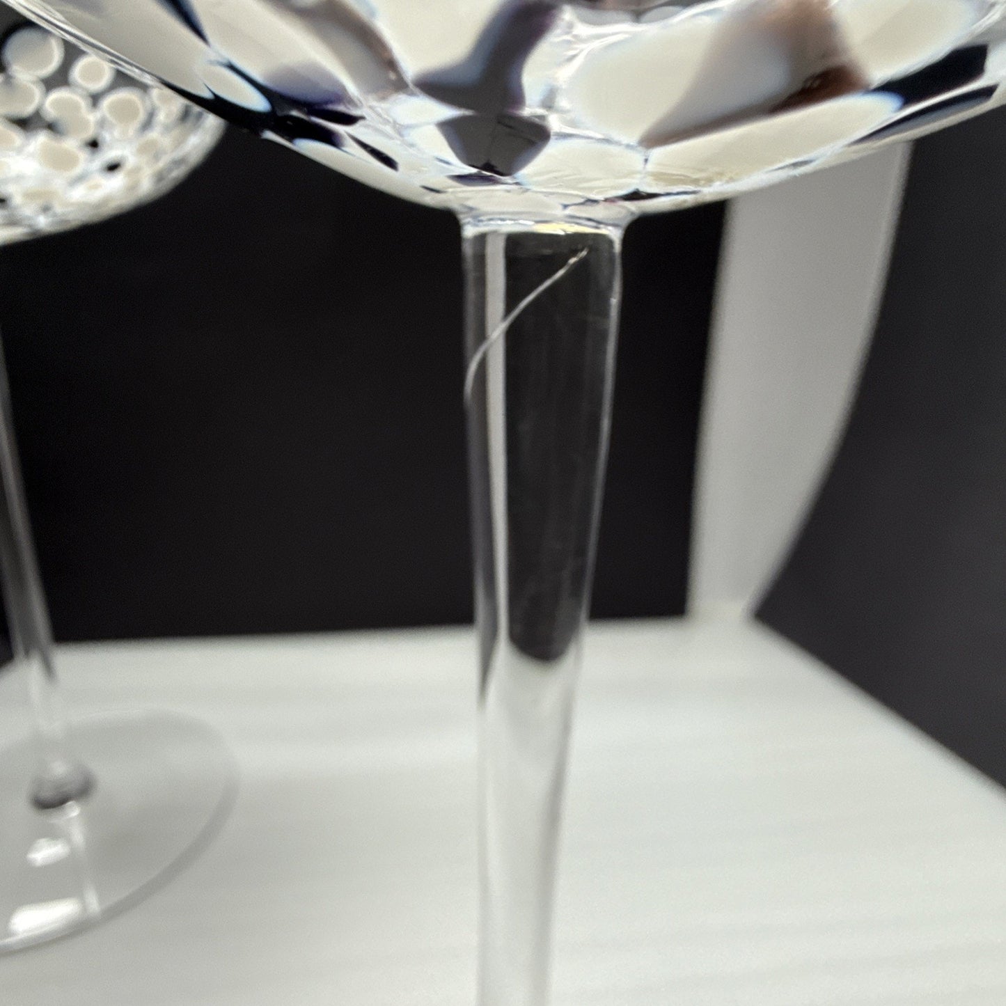 Lot of 4 Krosno Poland Long Stem Champagne Coupe Black White Mottled Marbled