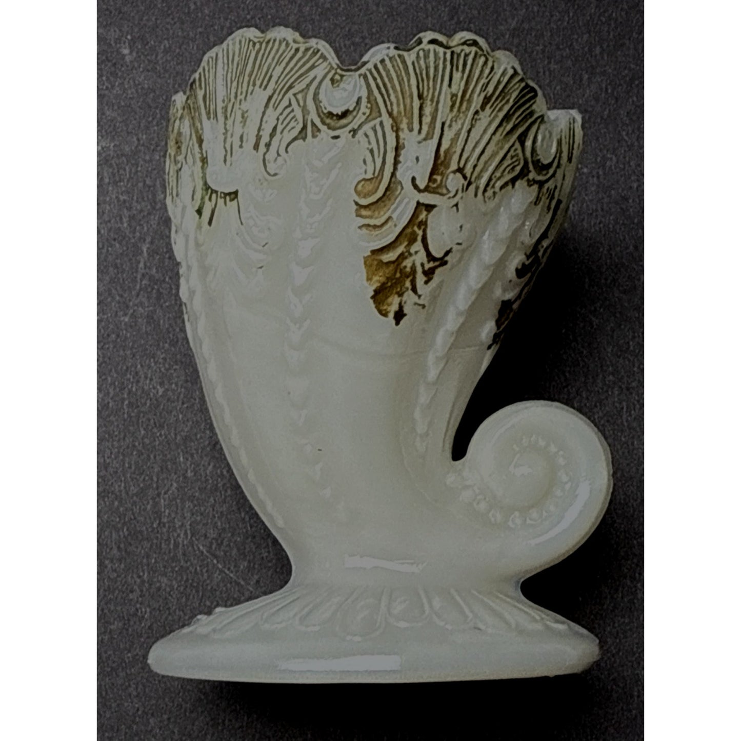 Antique EAPG Milk Glass Cornucopia Toothpick Match Holder Ornate