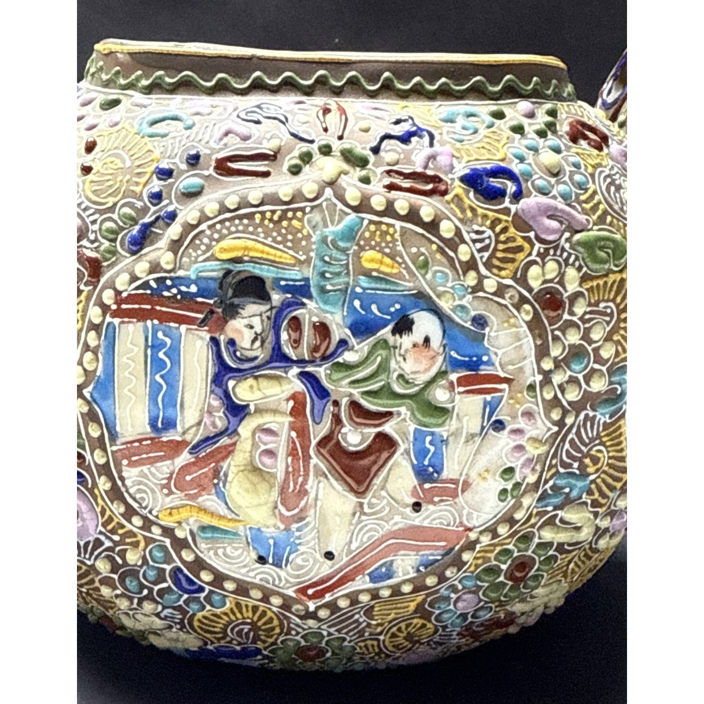 Antique Japanese Satsuma Teapot Beaded Moriage Ornate As-Is No Lid