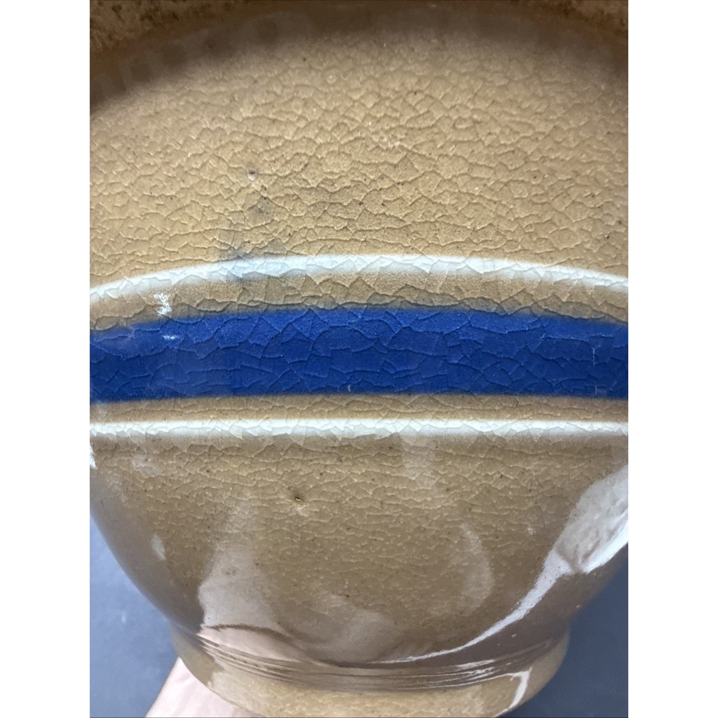 Antique Farmhouse 10.5” Yellowware Pottery Mixing Bowl 6 Stripe Blue White As-Is