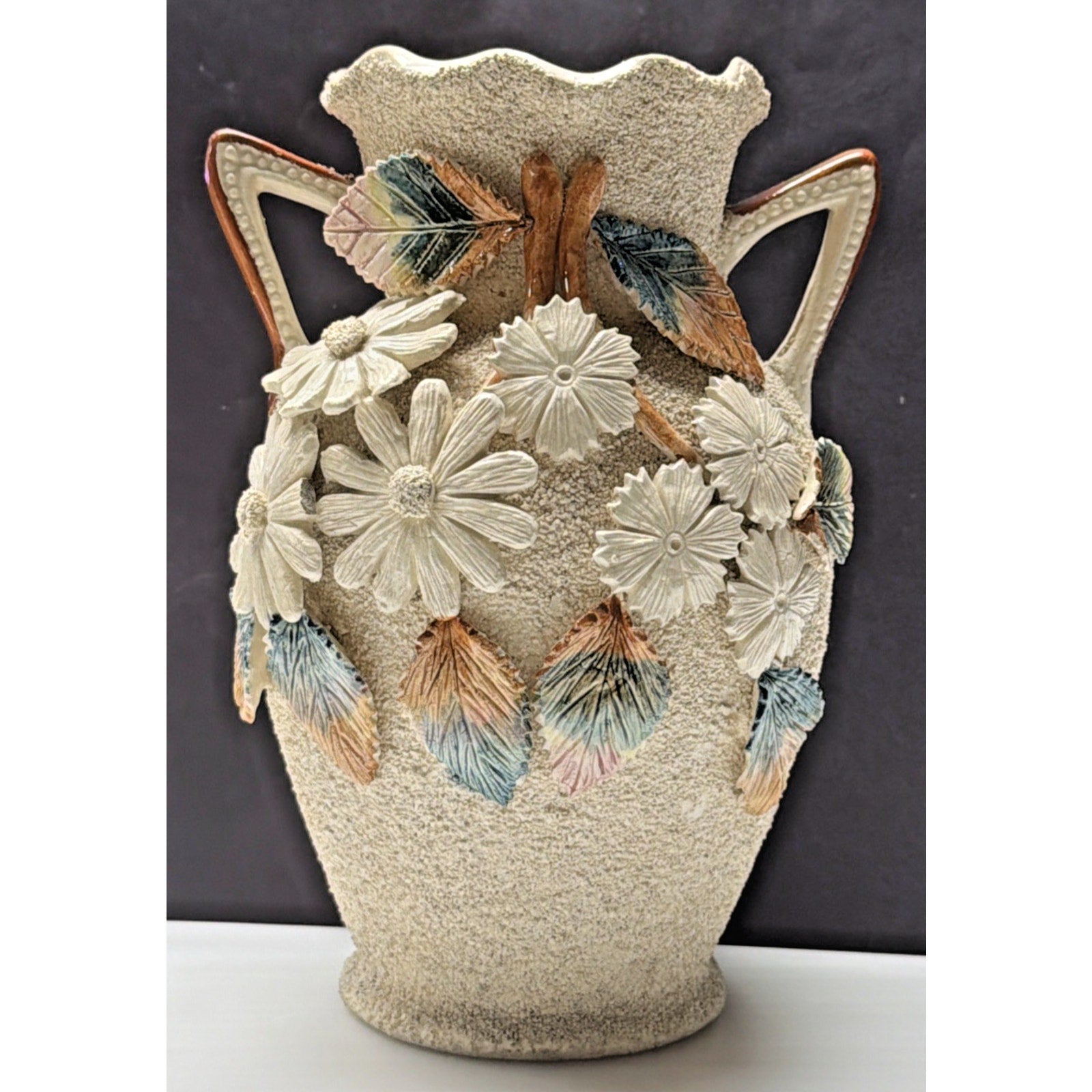 Antique English Majolica Barbotine Sand Pottery Vase Flowers