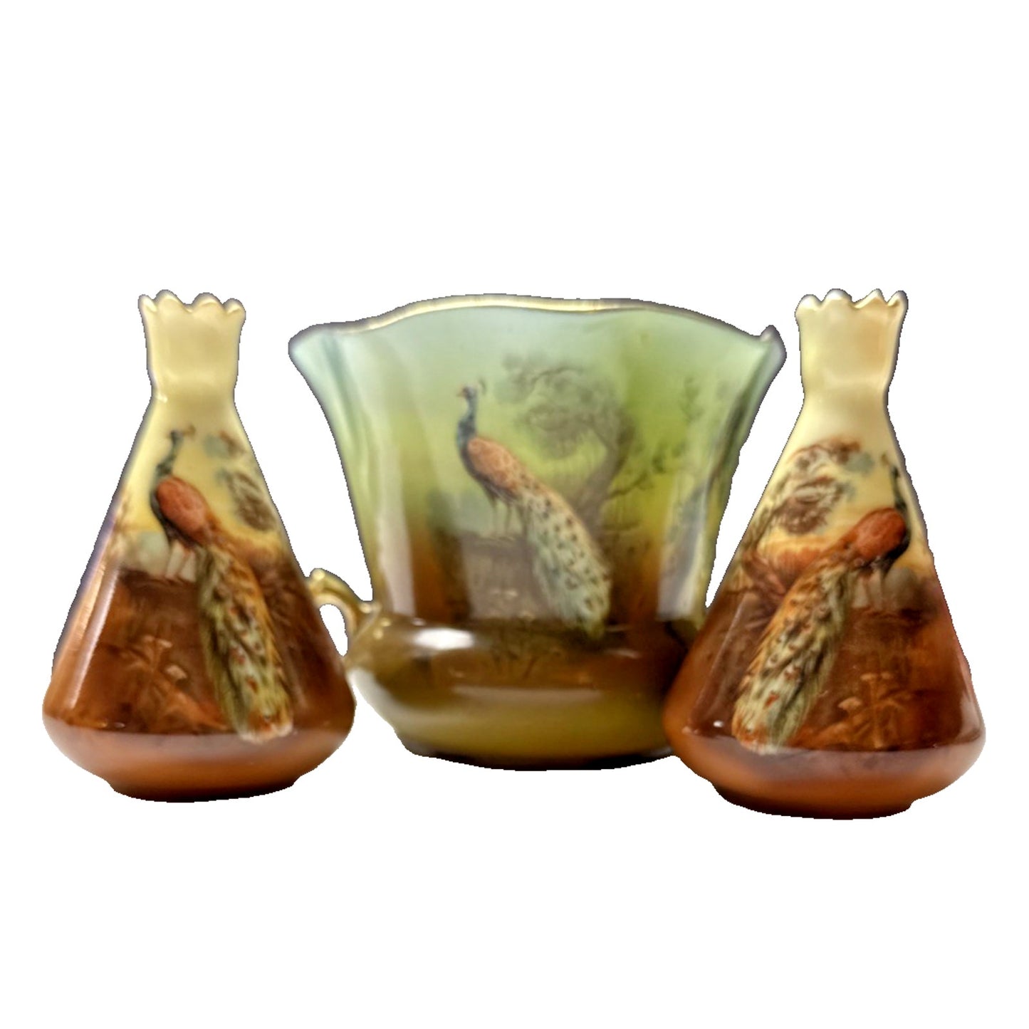 Antique Lot Of 3 Royal Bayreuth Hand Painted Peacock Vases Perfume Bottle As Is