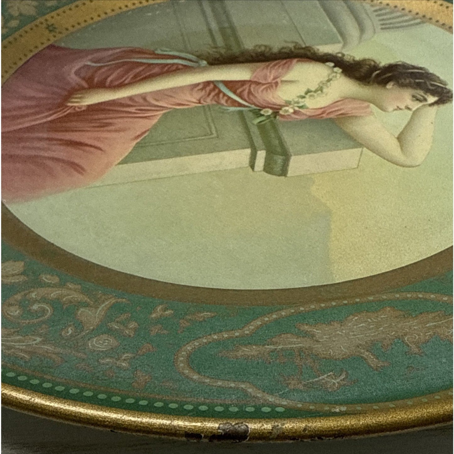 Antique Dresden Art Plate Tin Litho Metal Victorian Ariadne No 201