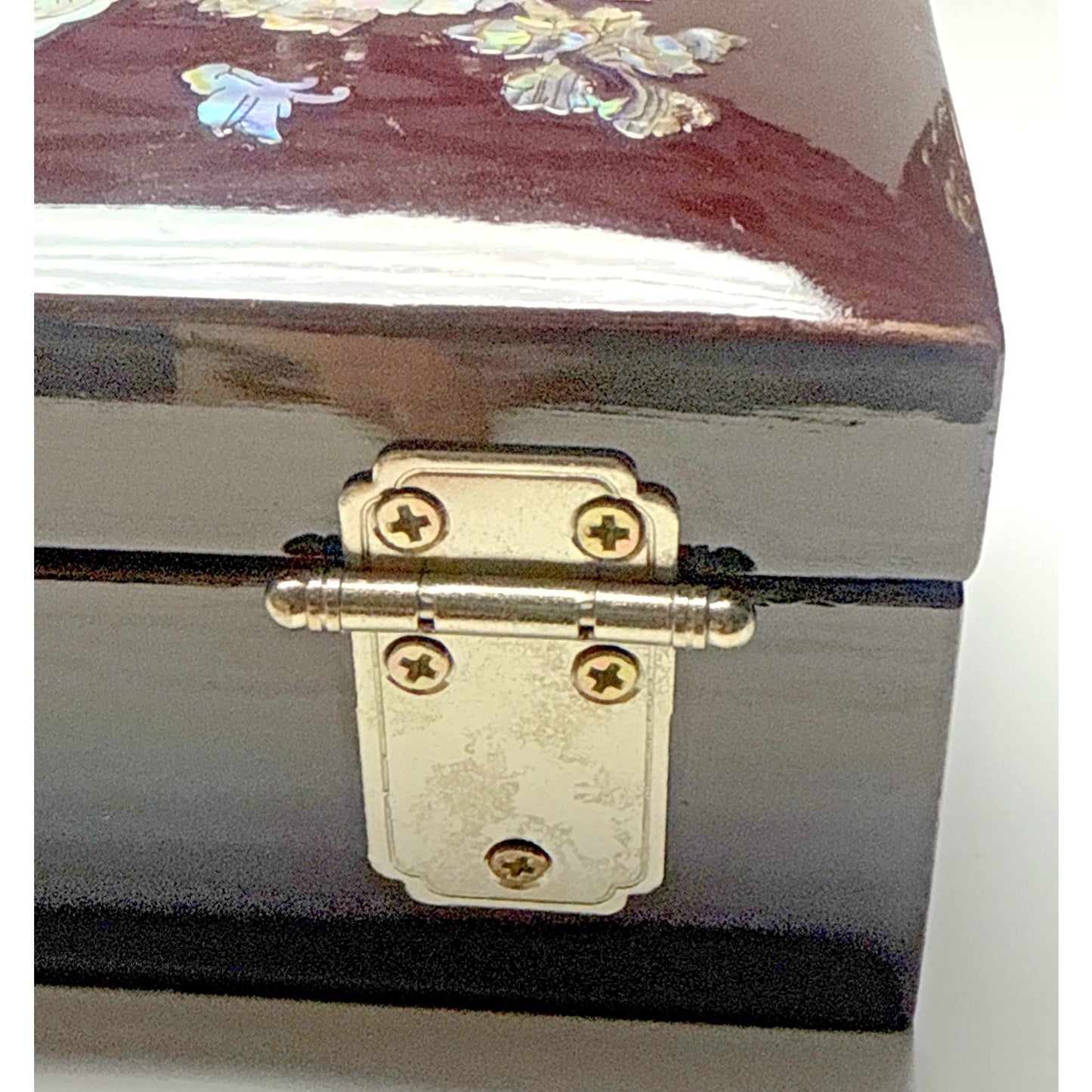 Vtg Lacquer Mother Of Pearl Inlay Turtle Latch Peacock Jewelry Ring Box Mirror