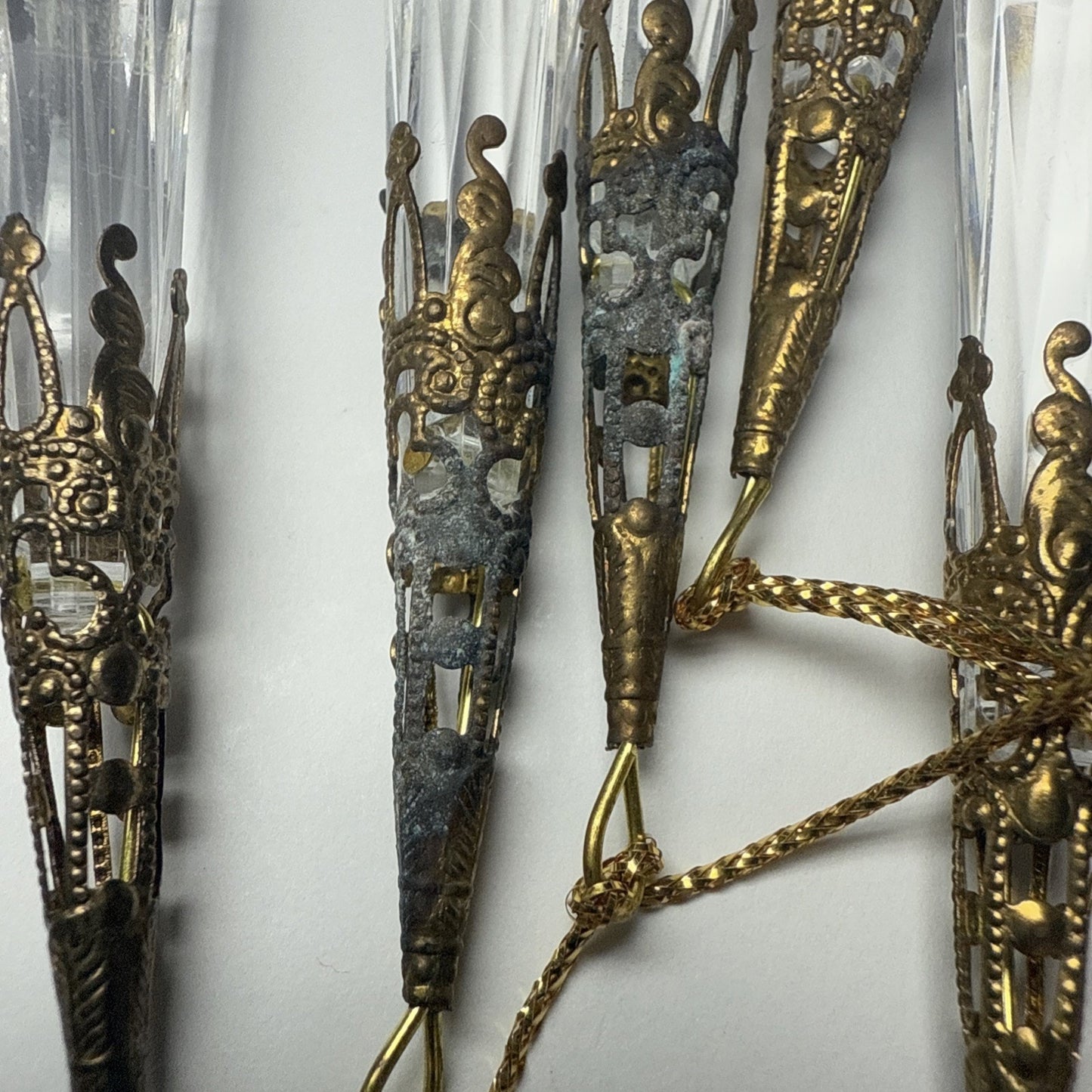 Vtg Lot of 6 Teardrop Faceted Acrylic Gold Embellished Hanging Ornaments As Is