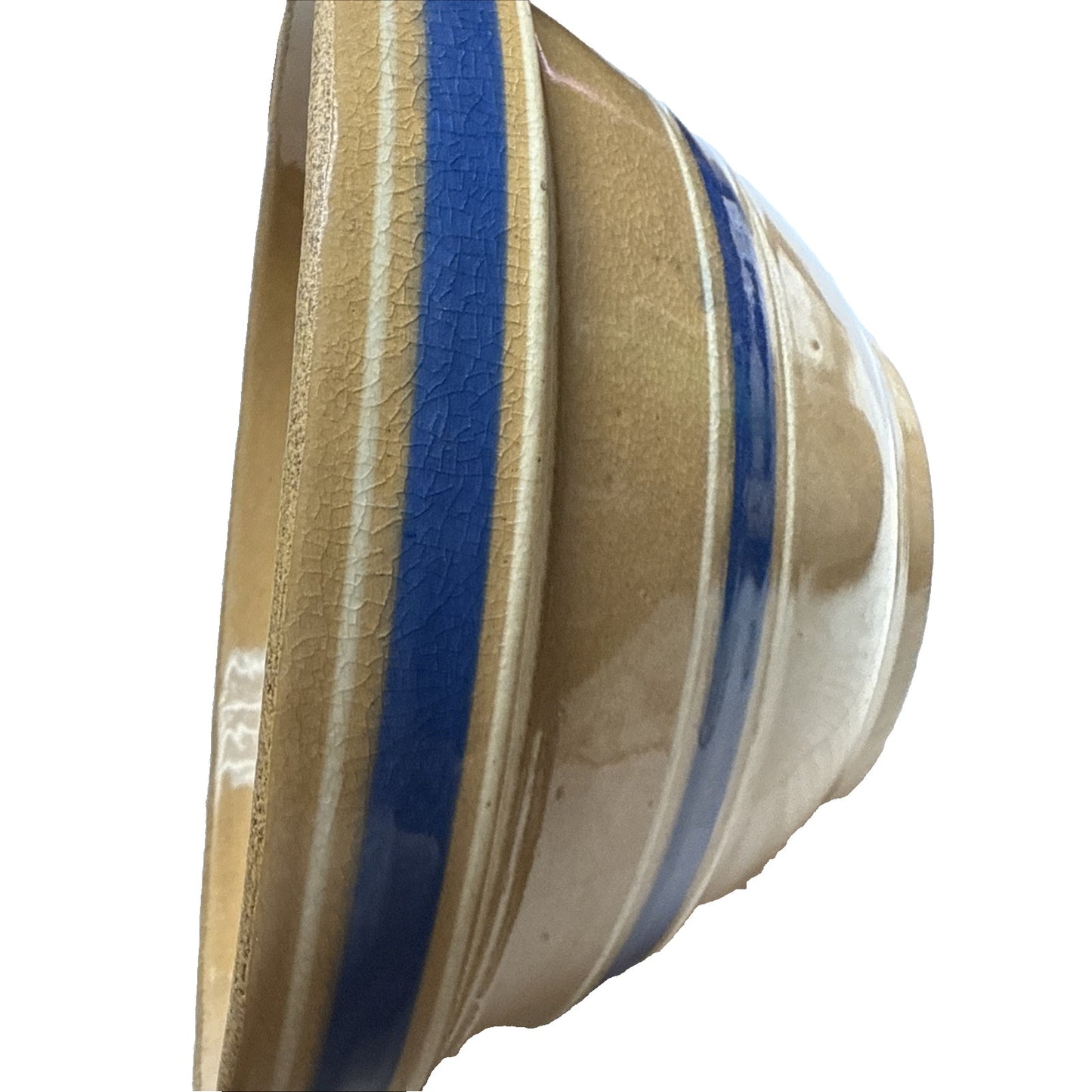 Antique Farmhouse 10.5” Yellowware Pottery Mixing Bowl 6 Stripe Blue White As-Is