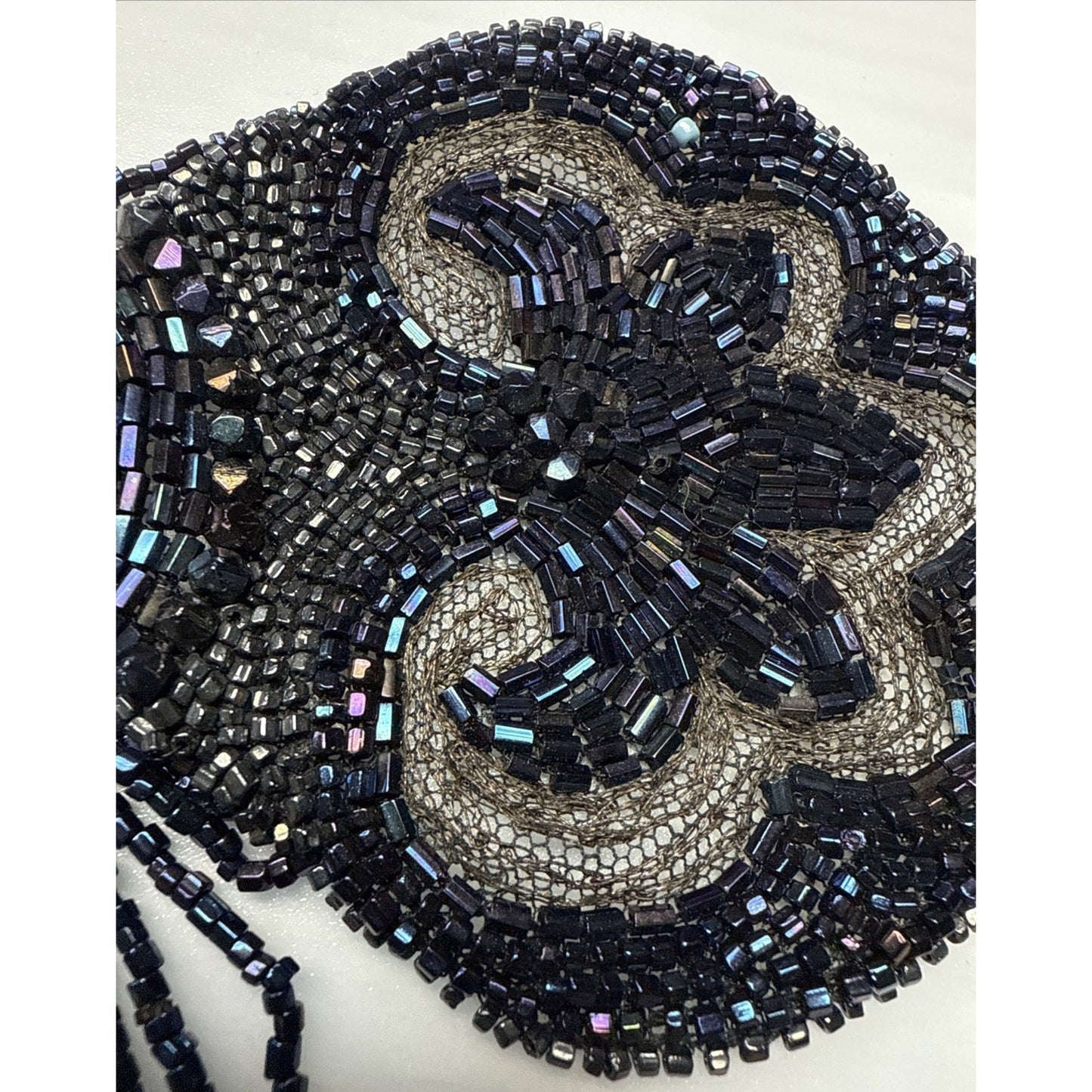 Antique Victorian Black Mourning Applique Beaded Iridescent Long As Is