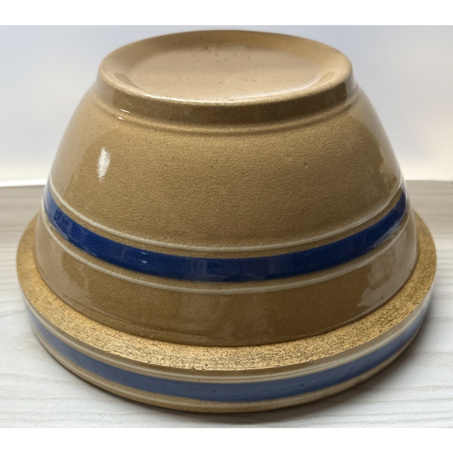 Antique Farmhouse 10.5” Yellowware Pottery Mixing Bowl 6 Stripe Blue White As-Is
