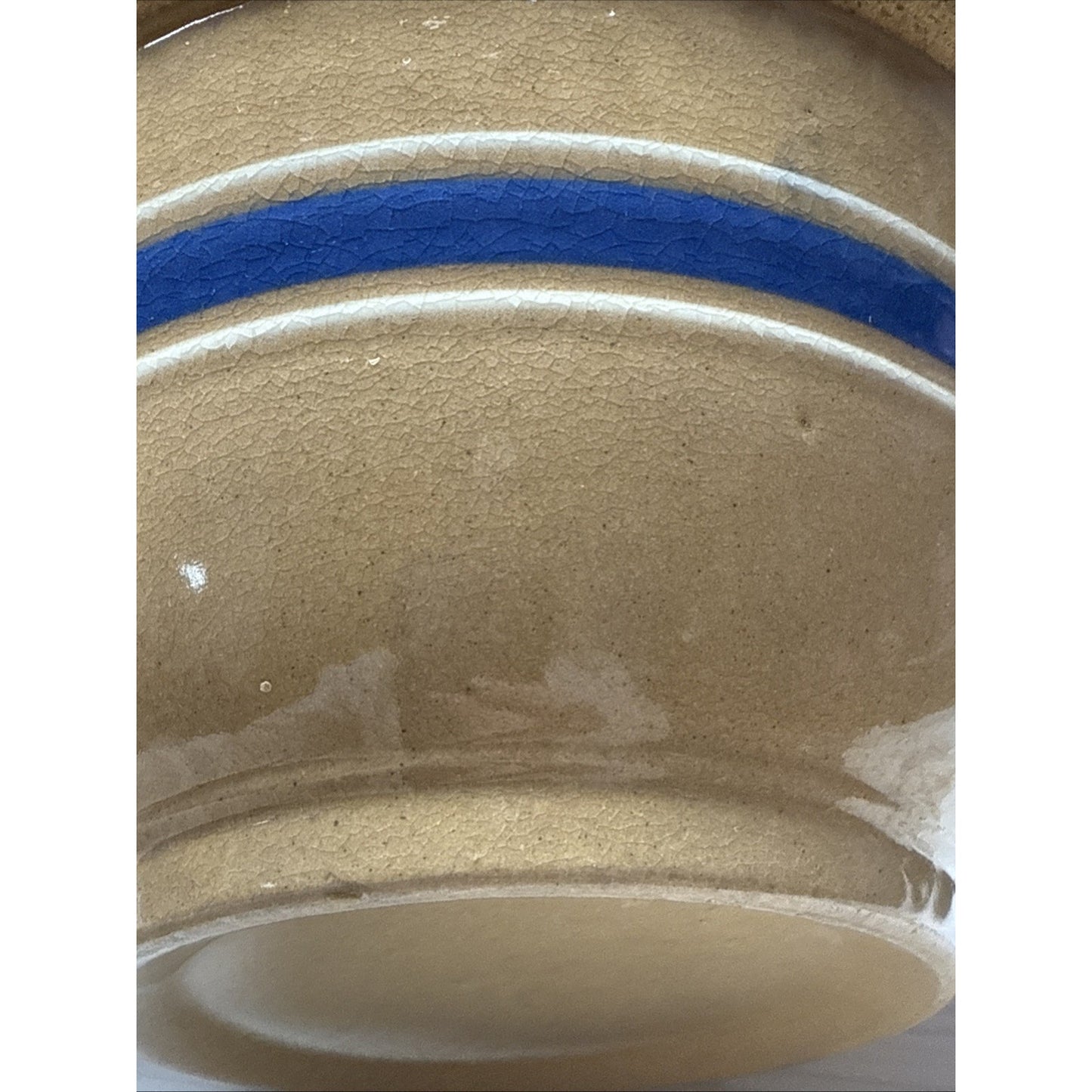 Antique Farmhouse 10.5” Yellowware Pottery Mixing Bowl 6 Stripe Blue White As-Is