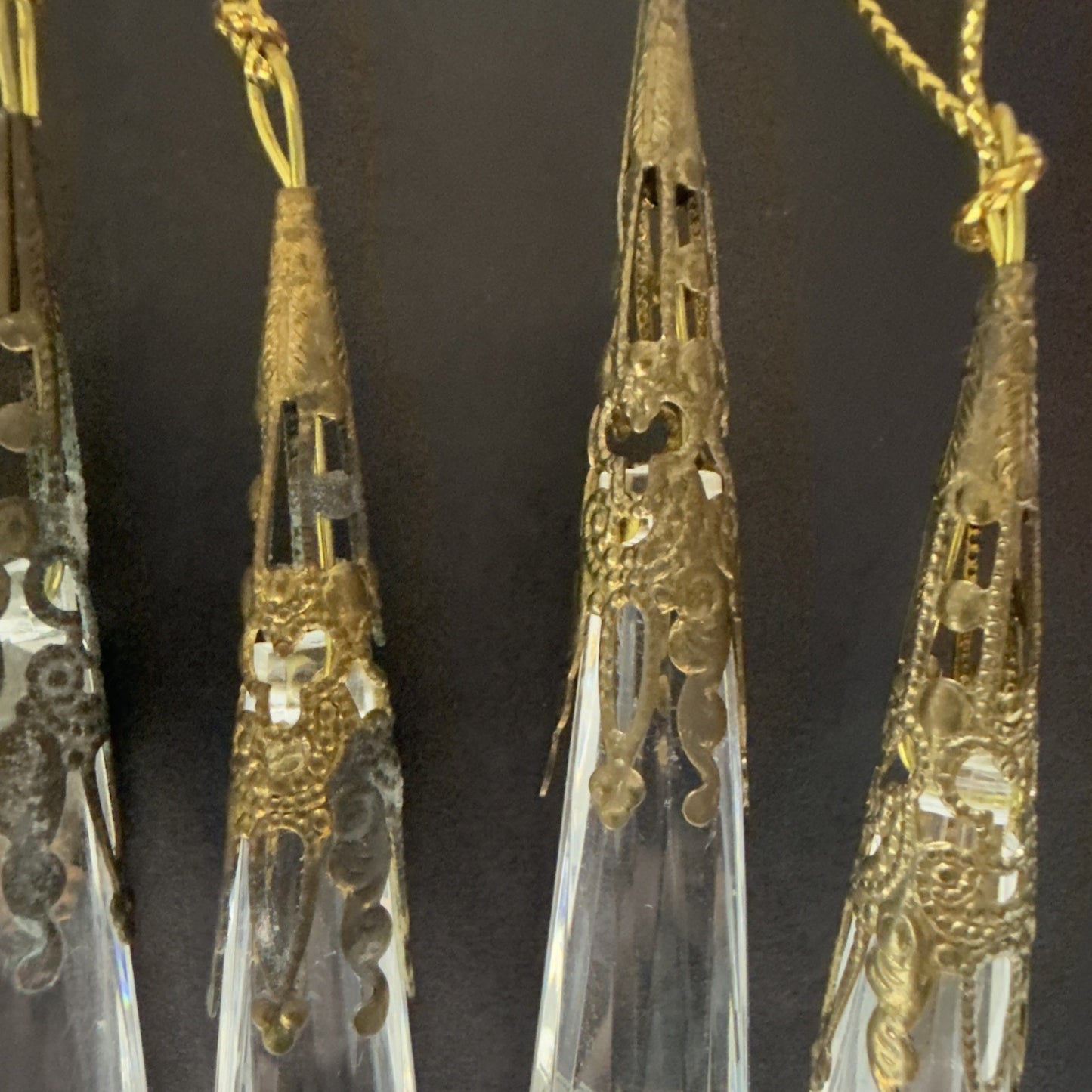 Vtg Lot of 6 Teardrop Faceted Acrylic Gold Embellished Hanging Ornaments As Is