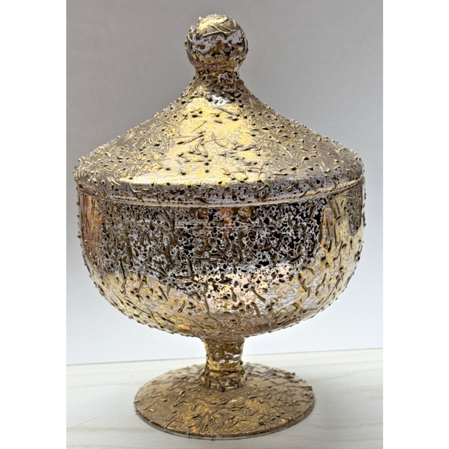 MCM West Virginia Glass Golden Brocade Splatter Candy Jar Circus Tent Apothecary