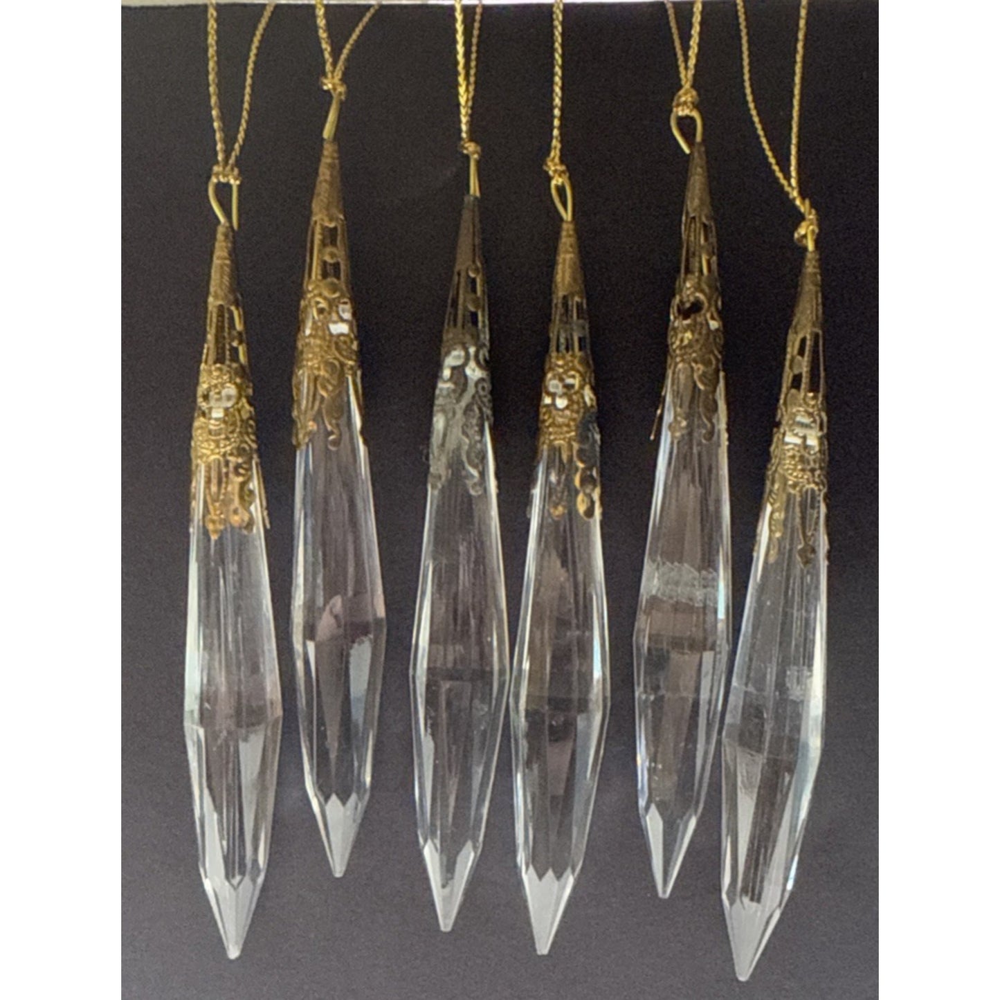 Vtg Lot of 6 Teardrop Faceted Acrylic Gold Embellished Hanging Ornaments As Is
