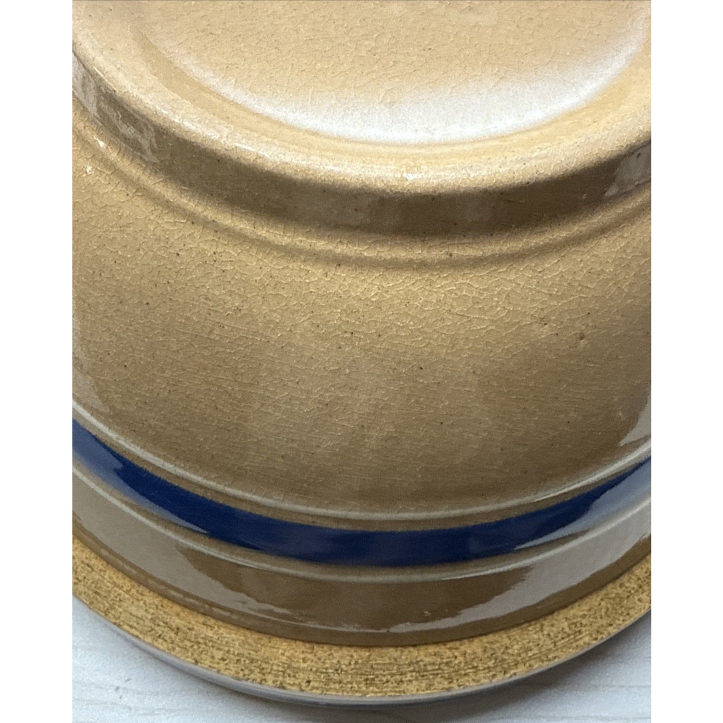 Antique Farmhouse 10.5” Yellowware Pottery Mixing Bowl 6 Stripe Blue White As-Is