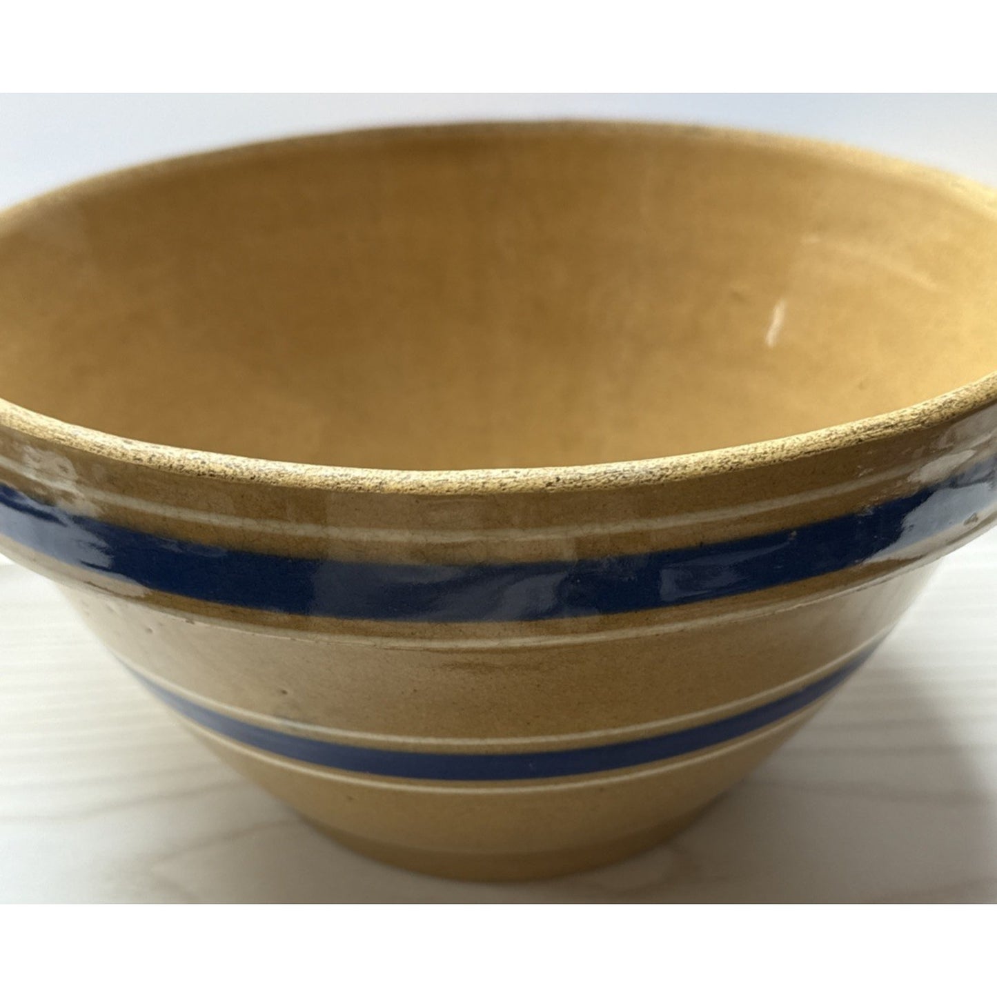 Antique Farmhouse 10.5” Yellowware Pottery Mixing Bowl 6 Stripe Blue White As-Is