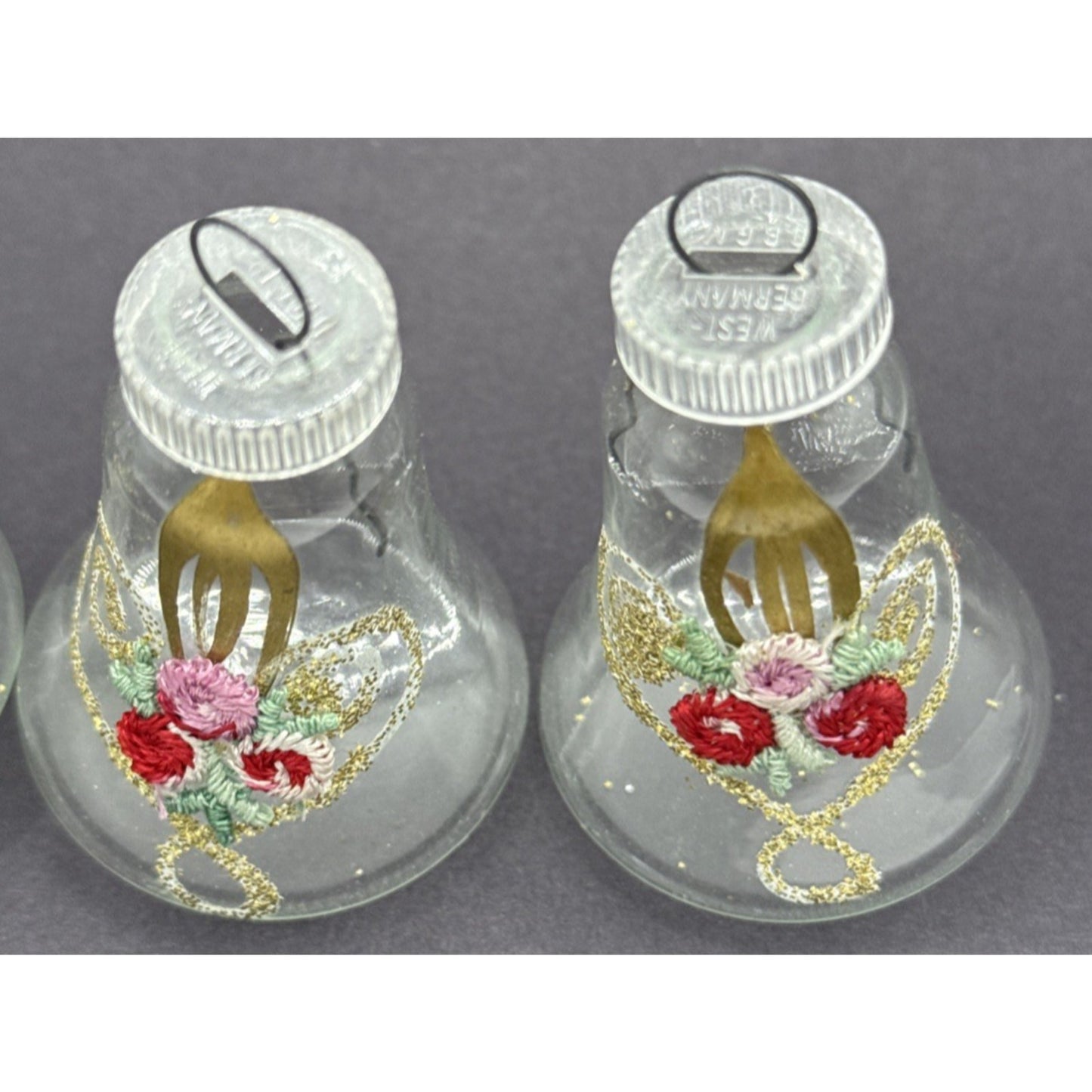 Vtg Lot of 4 DBGM West Germany Blown Mica Glass Bell Ornaments Gold Embroidered