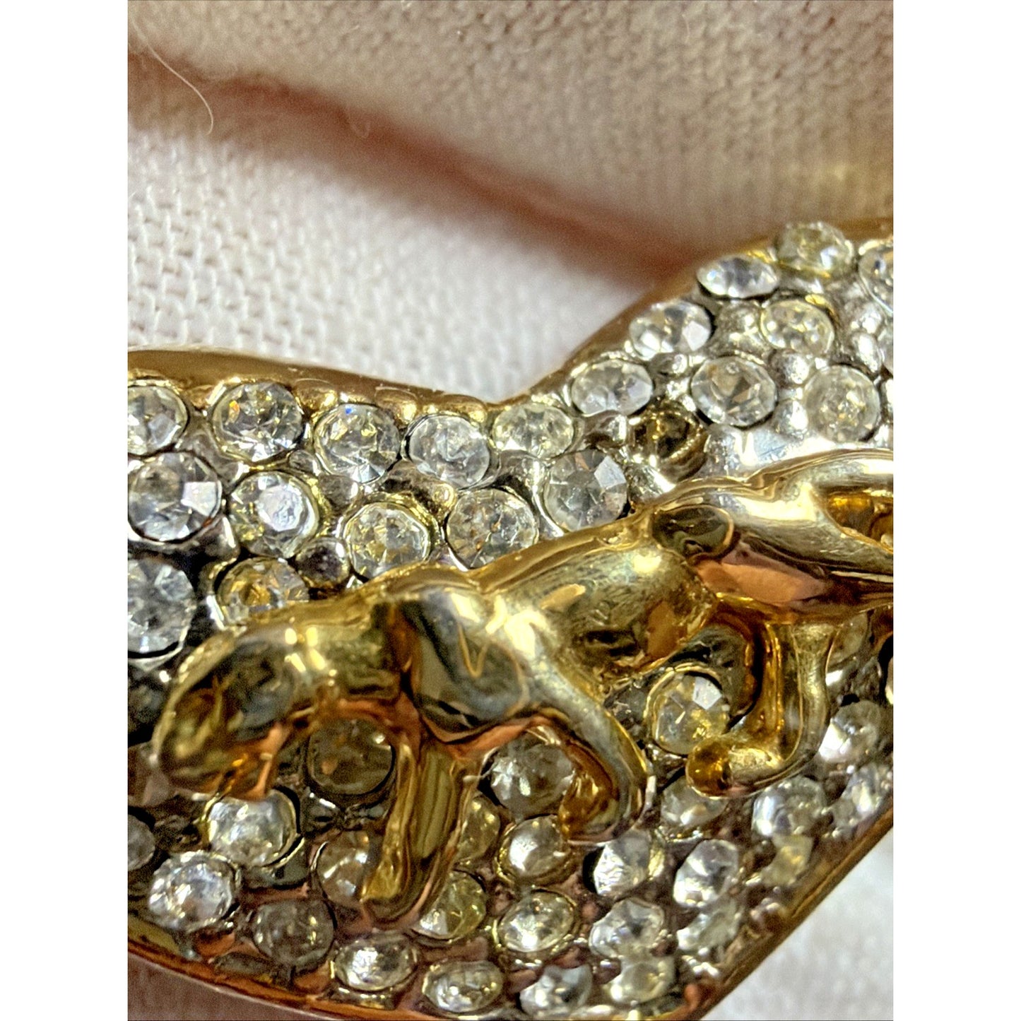 Vintage Gold Tone Rhinestone Pave Heart Slide Pendant Necklace Panther Cat As Is