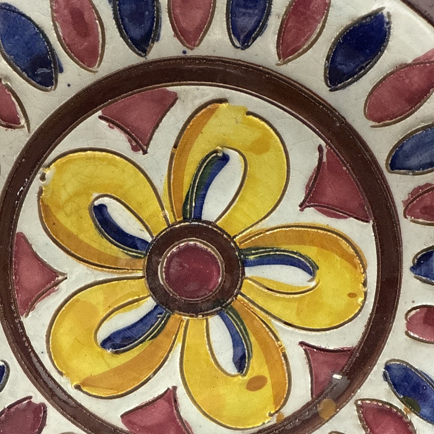 MCM Italy Sgraffito Pottery Cache Candle Base Dish Hand Painted Flower Handles