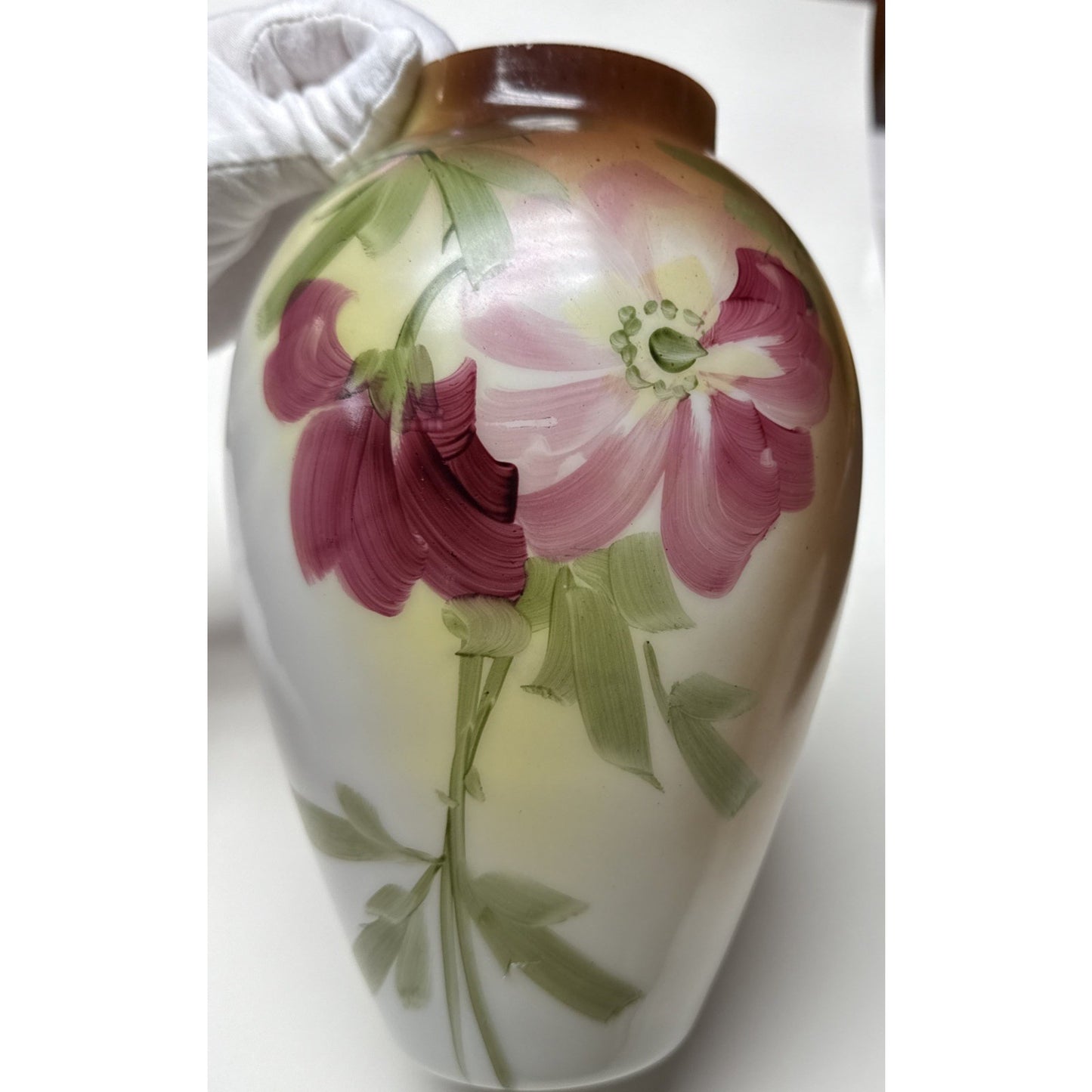 EAPG Victorian Fostoria Opaque Milk Glass Hand Paint Green Rose Bulb Vase As-Is