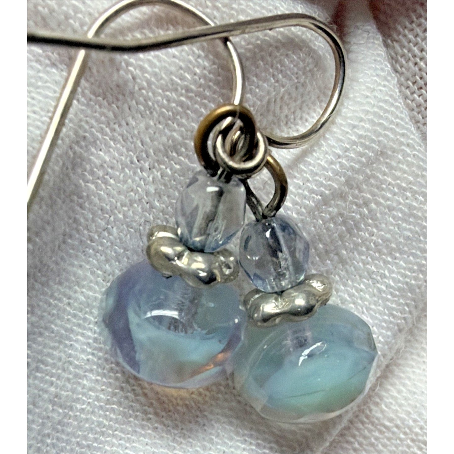 Vintage Sterling Silver Faceted AB Crystal Glass Uranium Dangle Earrings Mottled