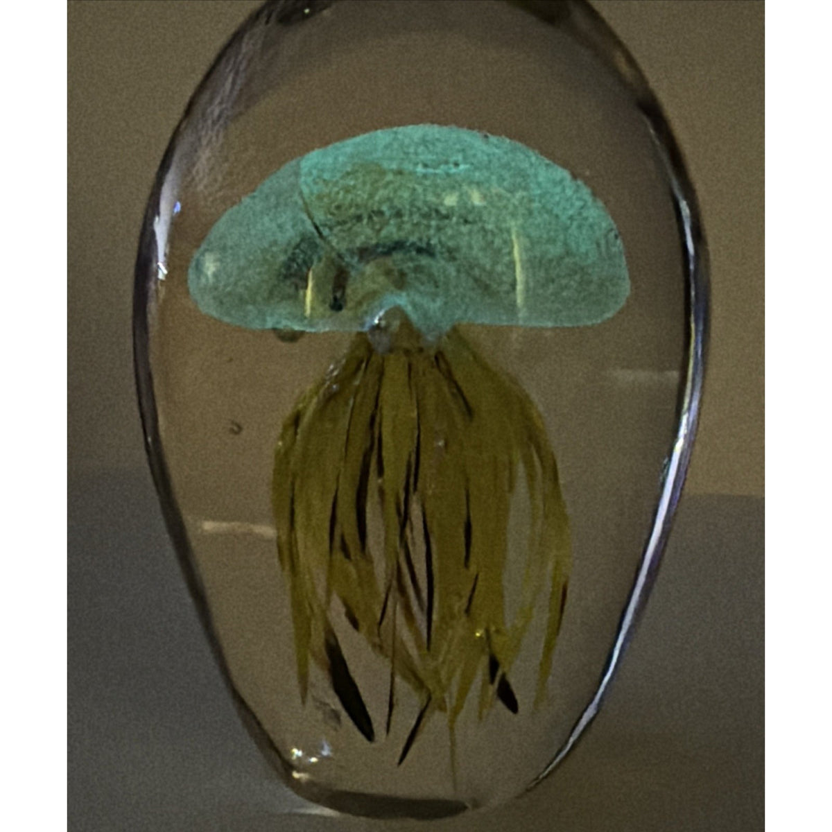 Dynasty Gallery Art Glass Jellyfish Paperweight Yellow Black UV Reactive Glows