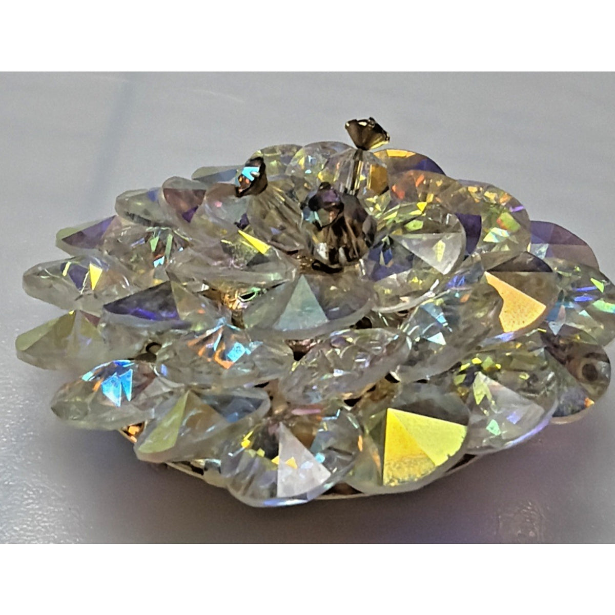 Vintage AB Crystal Faceted Rhinestone Brooch Rivoli Beaded