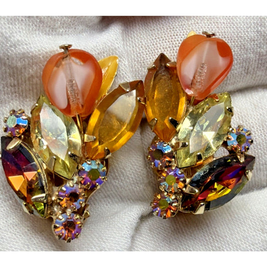 Juliana Yellow Amber Topaz Rhinestone Art Glass Window Bead Givre Clip Earrings