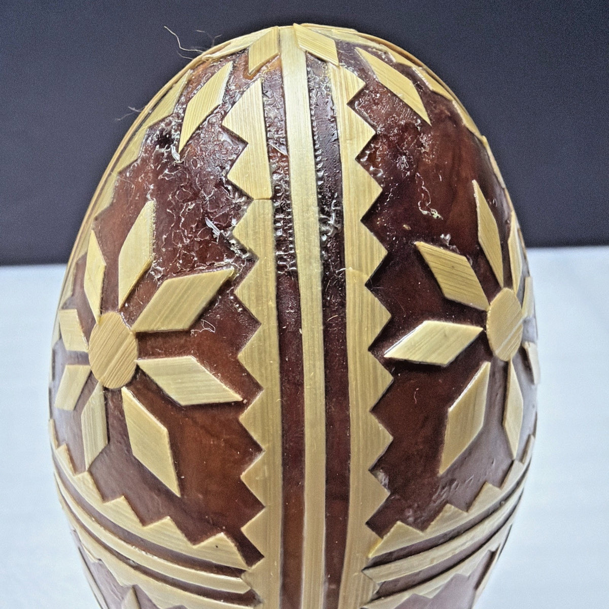 Pysanka Wooden Easter Egg Ukrainian Pysanky Carved Straw Starburst Trypillian