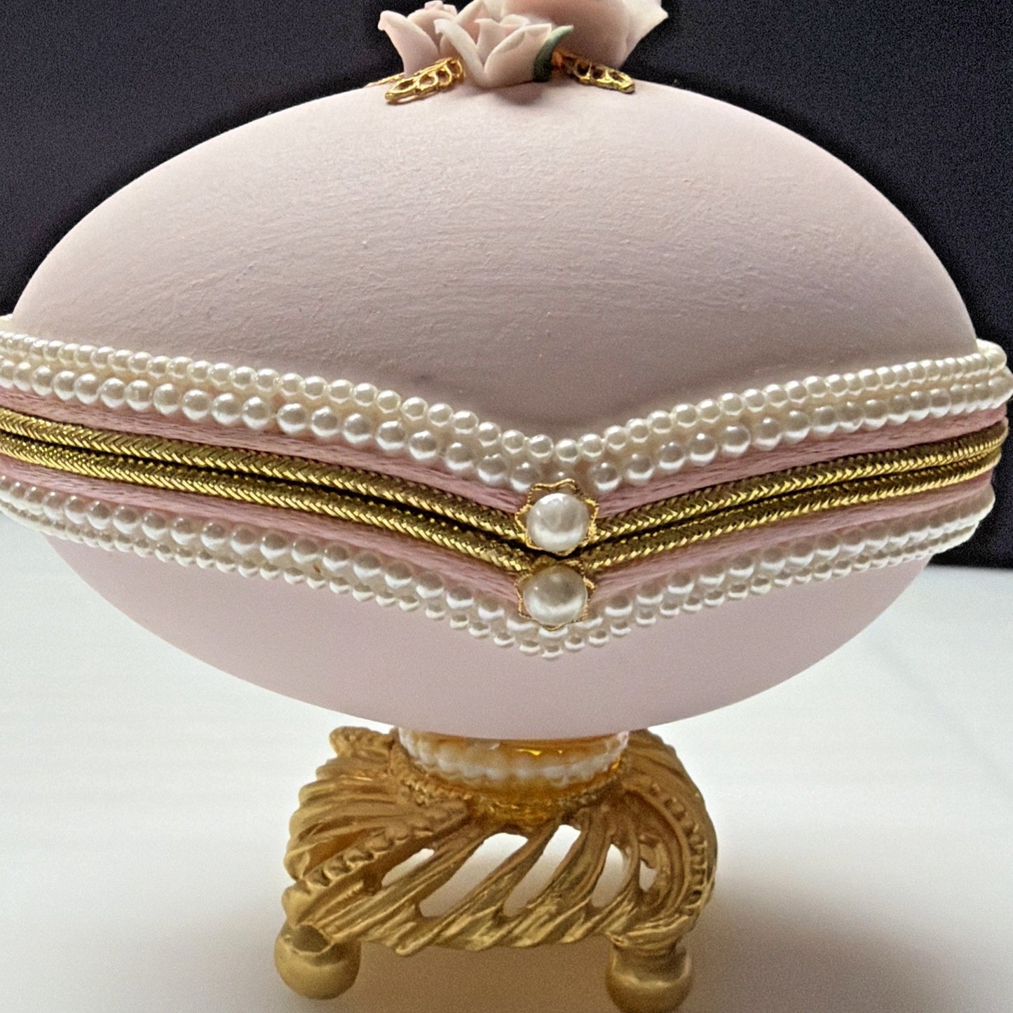 Egg Fantasy Hand Decorated Goose Egg Pink Trinket Jewelry Box Porcelain Flowers
