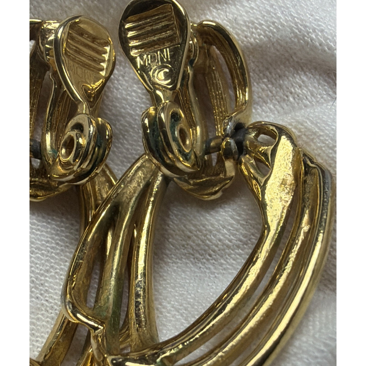 Vintage Monet Earrings Gold Tone Door Knocker Dangle Clip On Triple Hoop