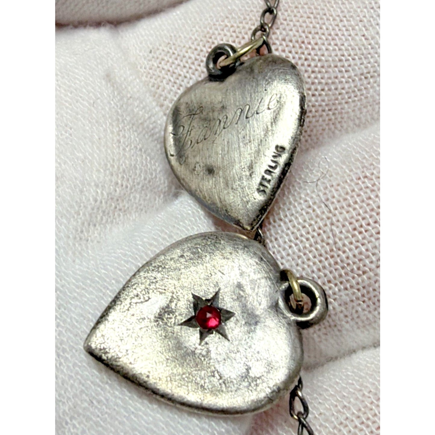 Antique Sterling Silver Puffy Heart Charms Necklace Enamel Gemstone Emboss As Is