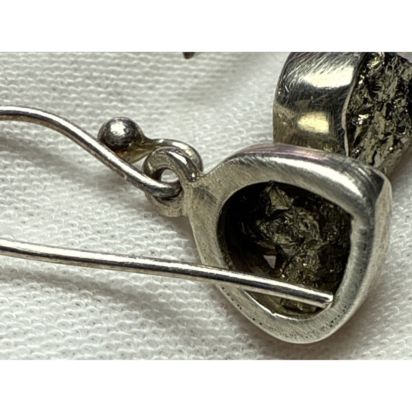 Vintage NC 925 Sterling Silver Rough Pyrite Druzy Bezel Dangle Earrings