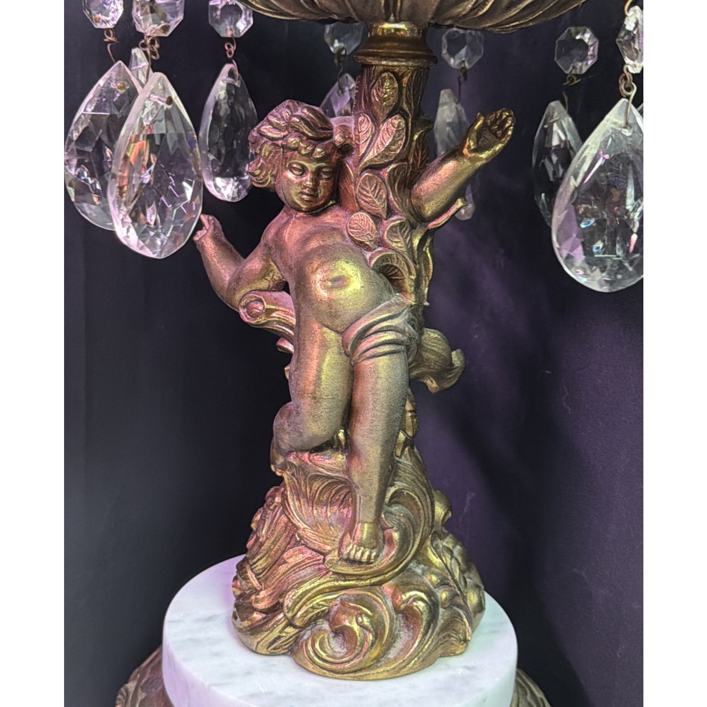 Hollywood Regency Brass Cherub Crystal Cut Globe Marble Parlor Lamp Waterfall