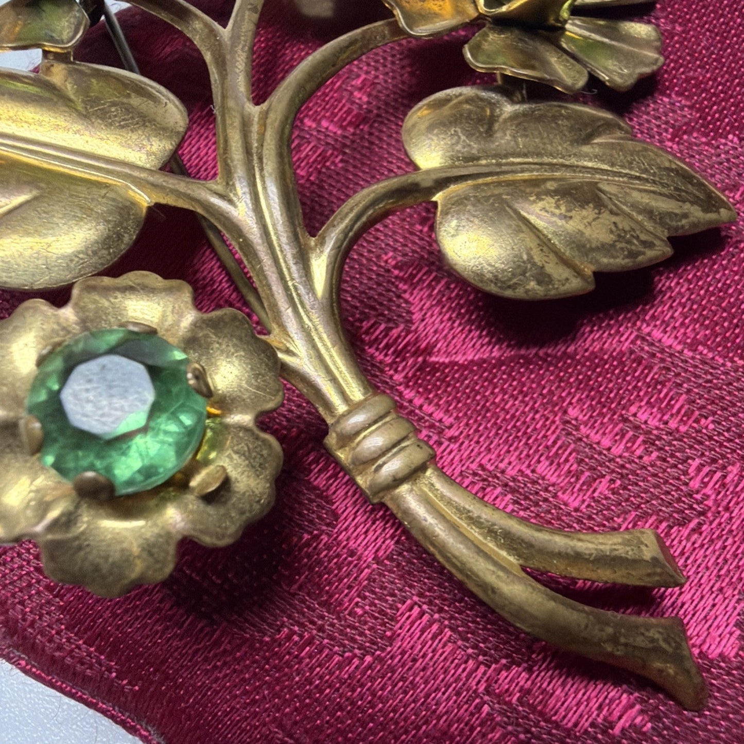 Vintage Large Gold Tone Floral Sprig Spray Brooch Pin Green Rhinestones