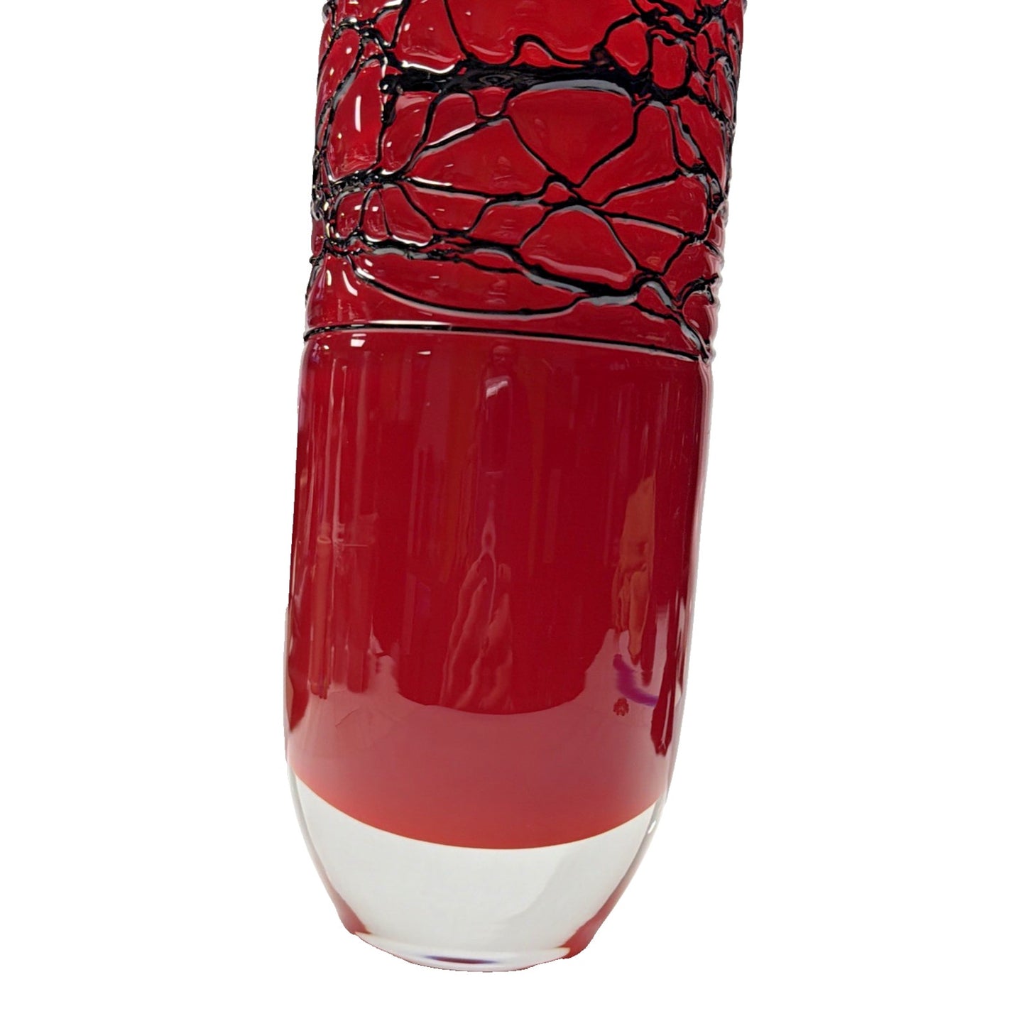 MCM Red Cased White Cylinder Vase Abstract Black Threaded Strapping Large